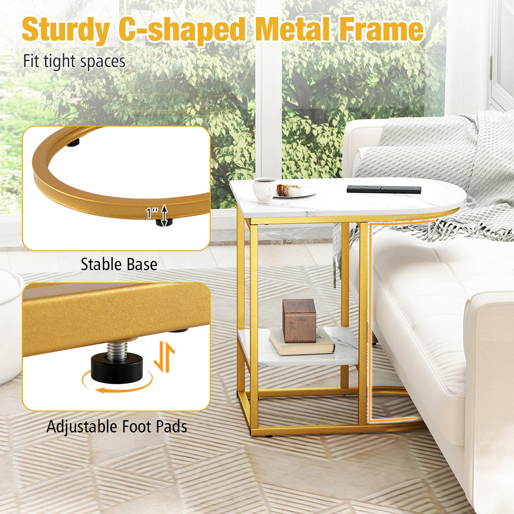 C-shaped Modern Sofa Side Table with Faux Marble Tabletop and Storage Shelf-White