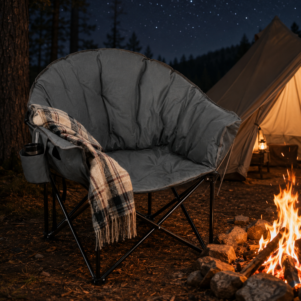 Folding Camping Moon Padded Chair with Carrying Bag-Gray
