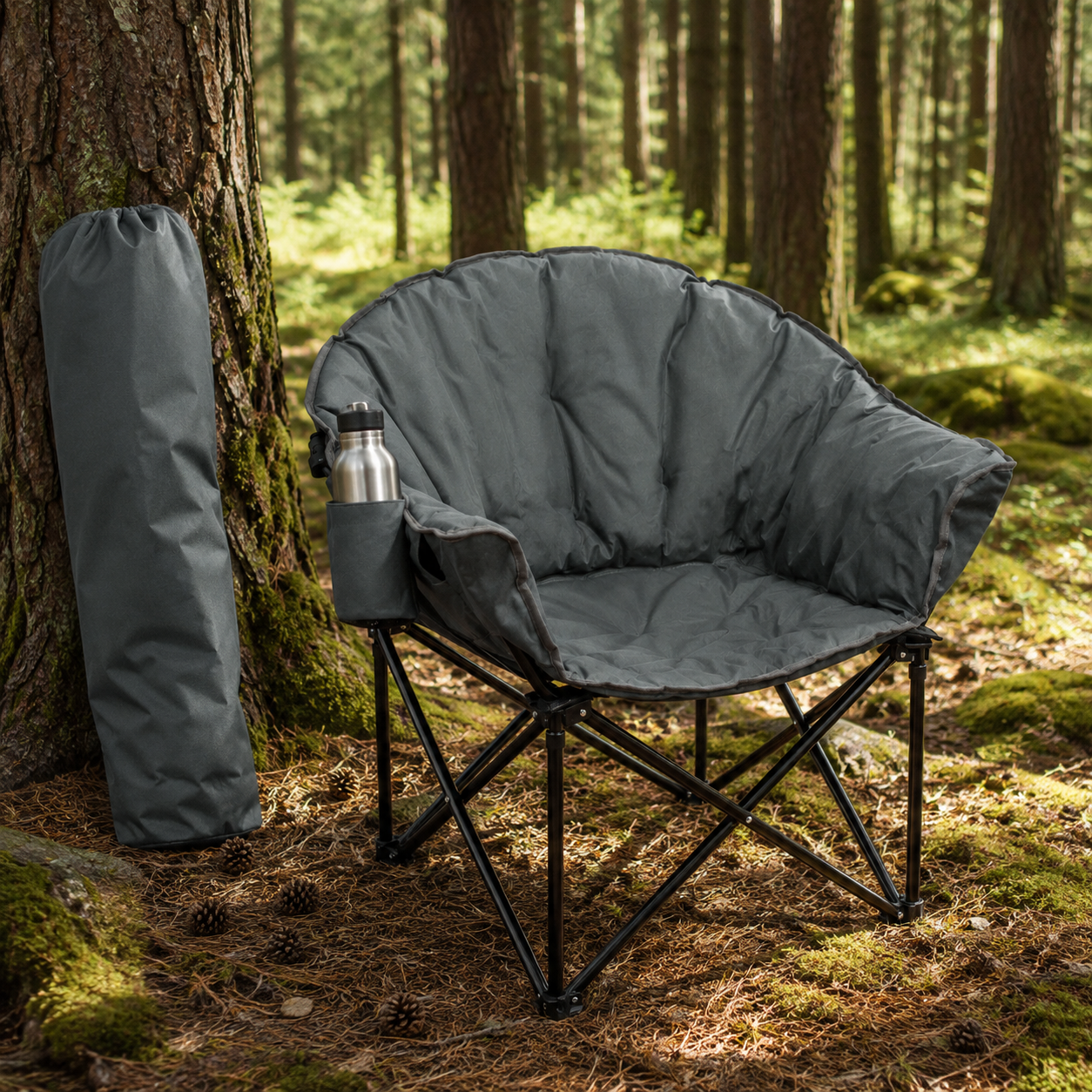 Folding Camping Moon Padded Chair with Carrying Bag-Gray