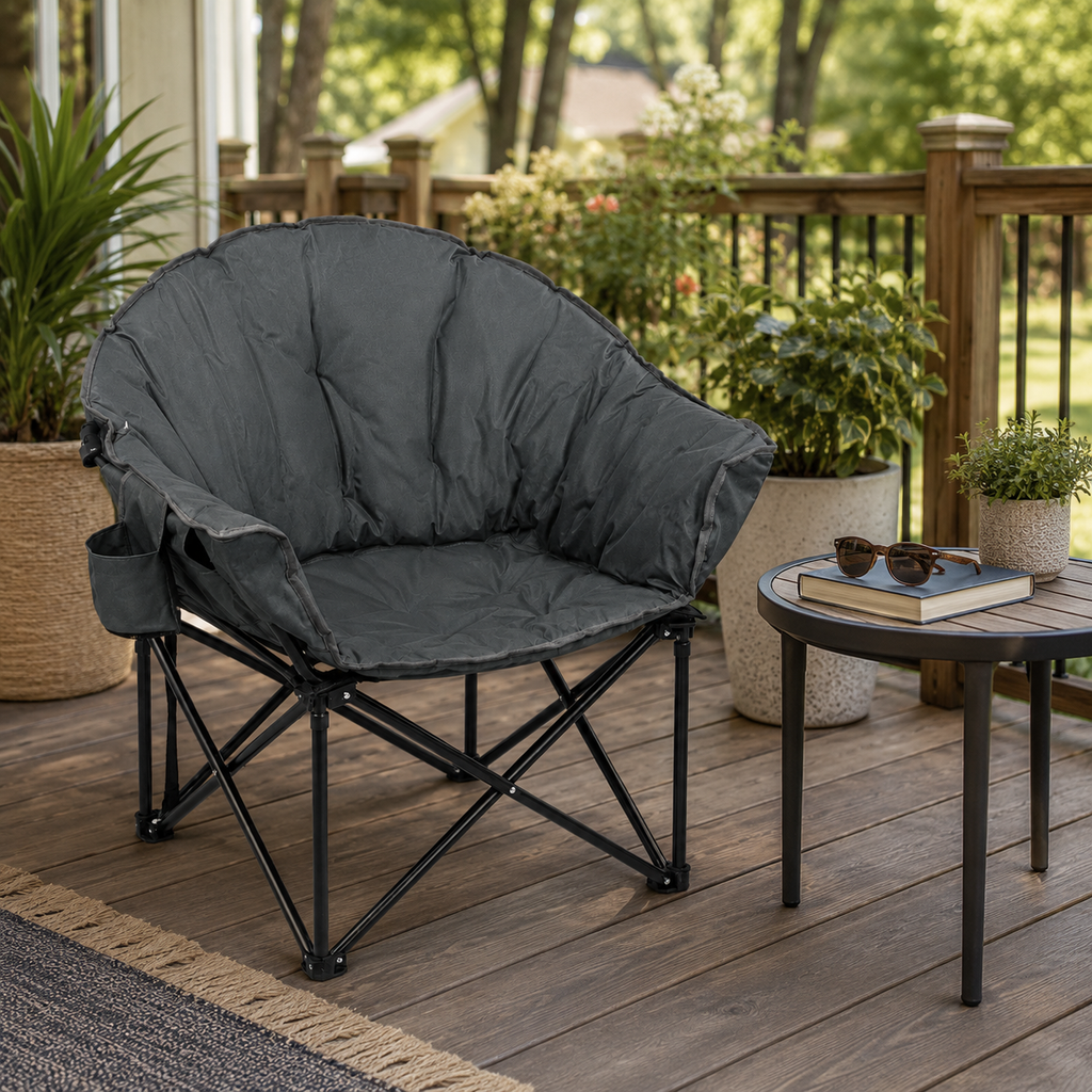 Folding Camping Moon Padded Chair with Carrying Bag-Gray