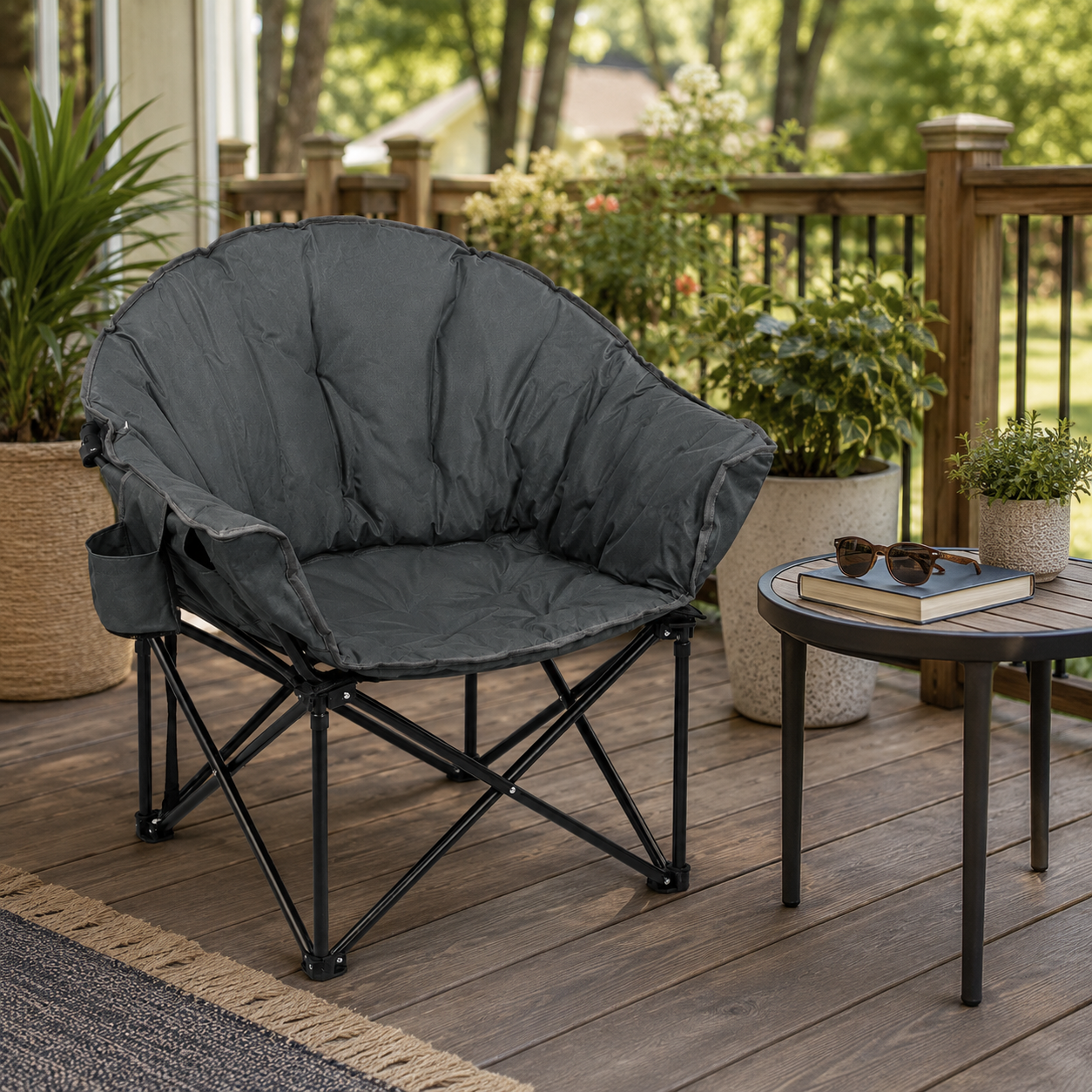 Folding Camping Moon Padded Chair with Carrying Bag-Gray