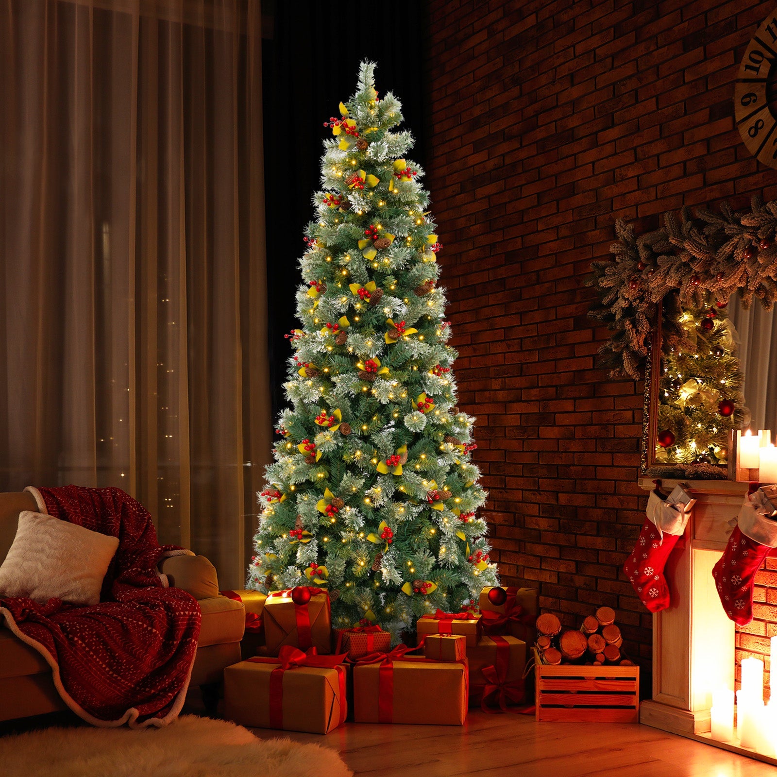 5/7.5/9 FT Pre-Lit Artificial Christmas Tree with 453/1096/1416 PVC and Pine Needles-L