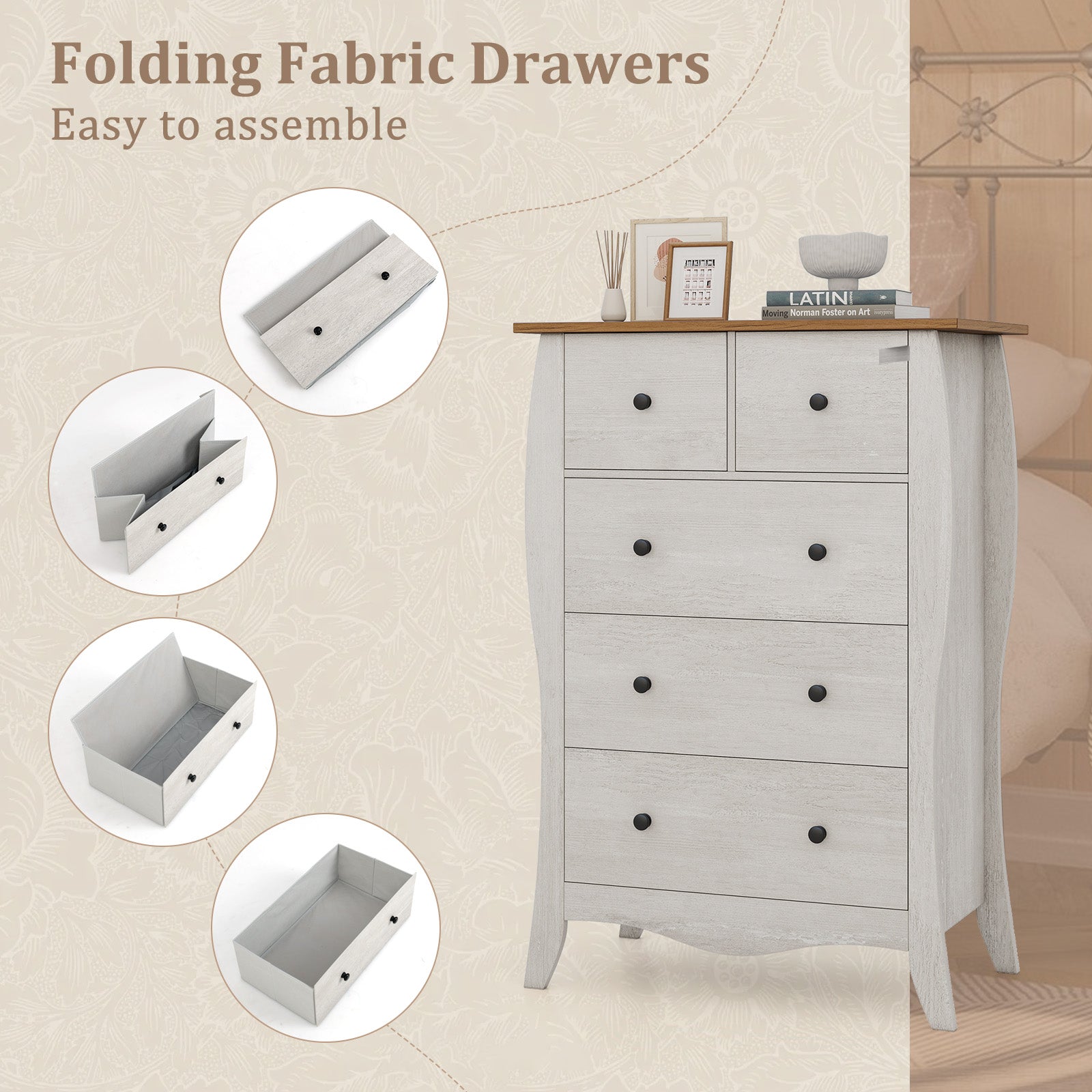 Closet Storage Organizer with 5 Folding Fabric Drawers and Anti-tipping Kit-Gray