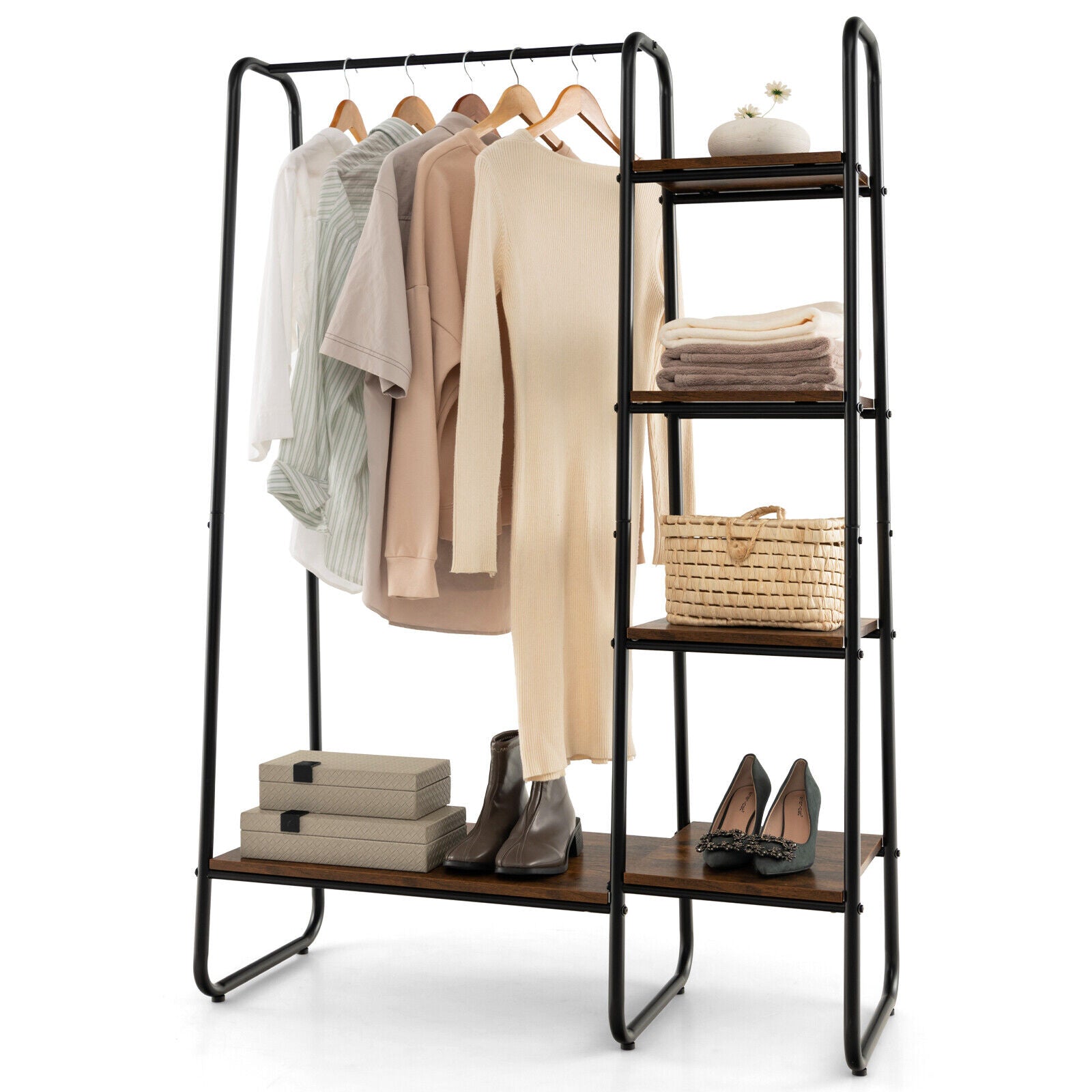 Clothes Rack Freestanding Storage Tower with Hanging Bar-Black