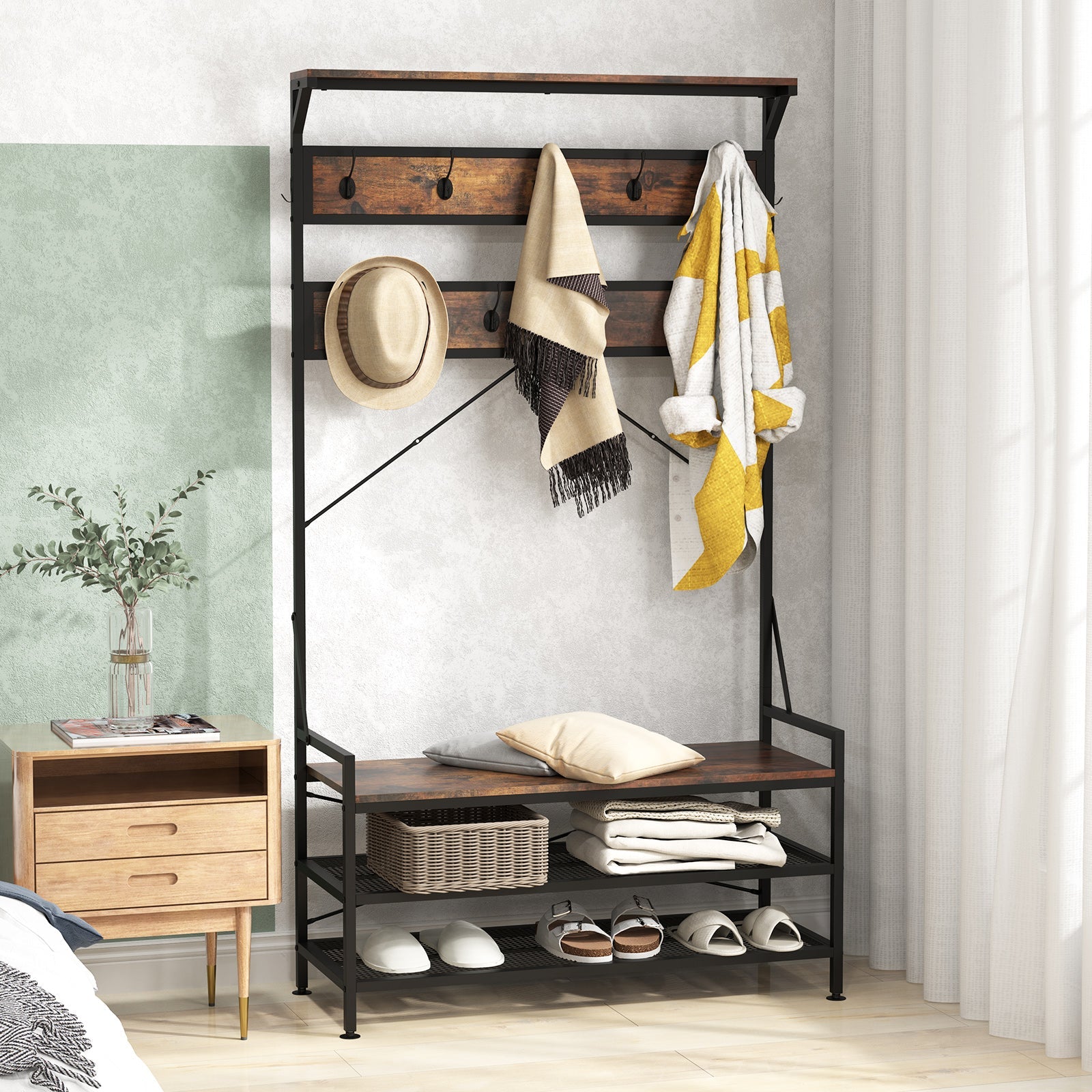 Coat Rack 4-In-1 Hall Tree with 11 Hanging Hooks Shoe Bench-Rustic Brown