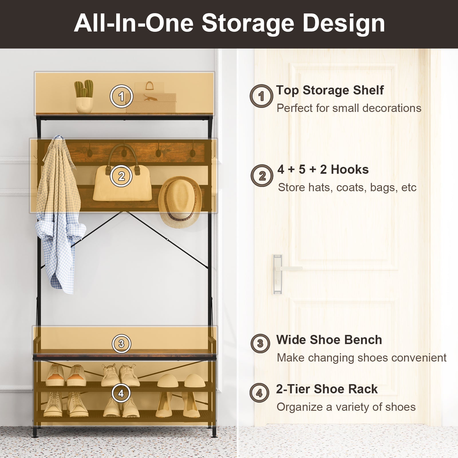 Coat Rack 4-In-1 Hall Tree with 11 Hanging Hooks Shoe Bench-Rustic Brown