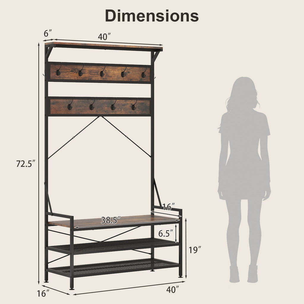 Coat Rack 4-In-1 Hall Tree with 11 Hanging Hooks Shoe Bench-Rustic Brown