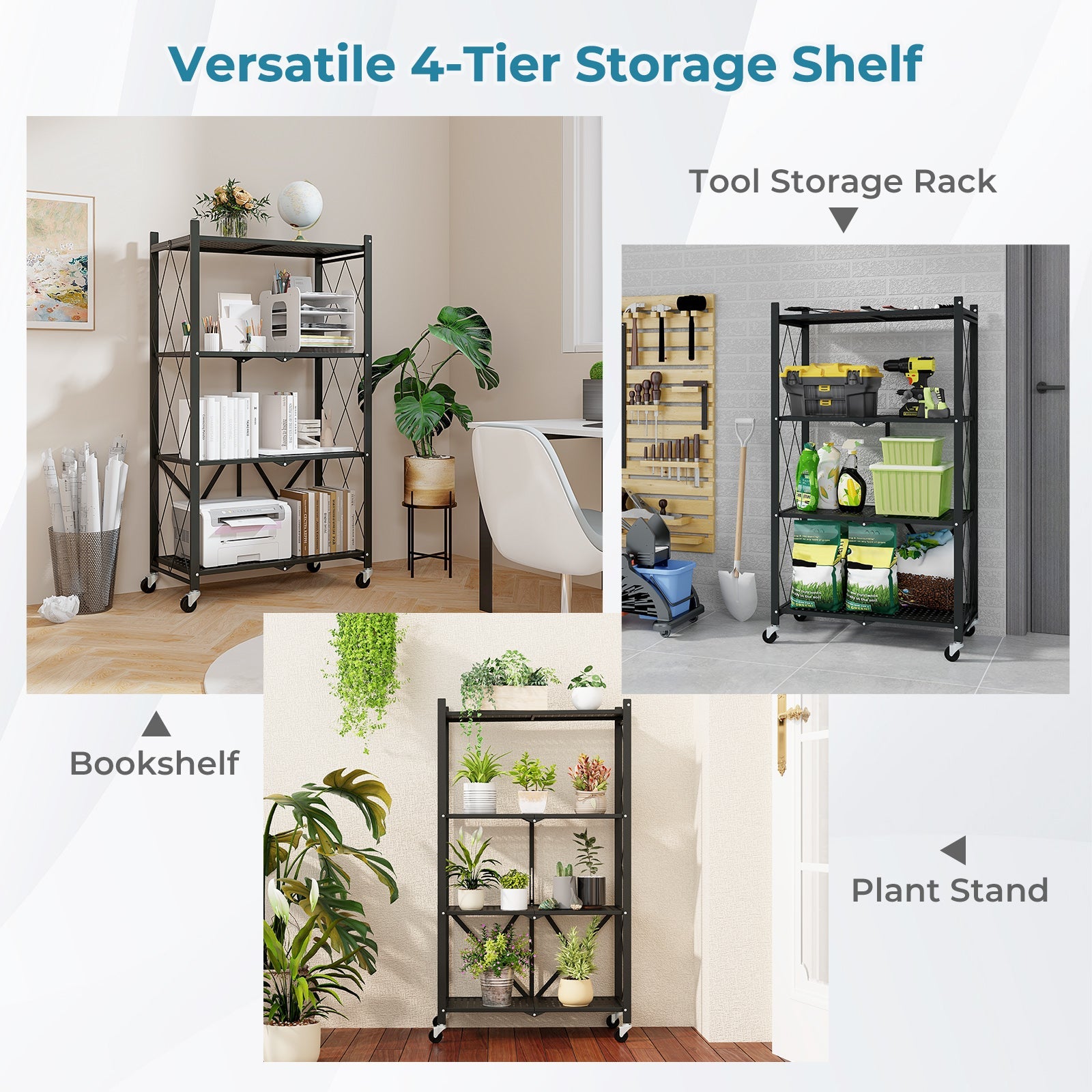 4-Tier Foldable Storage Shelf Collapsible Storage Rack with Lockable Wheels-Black