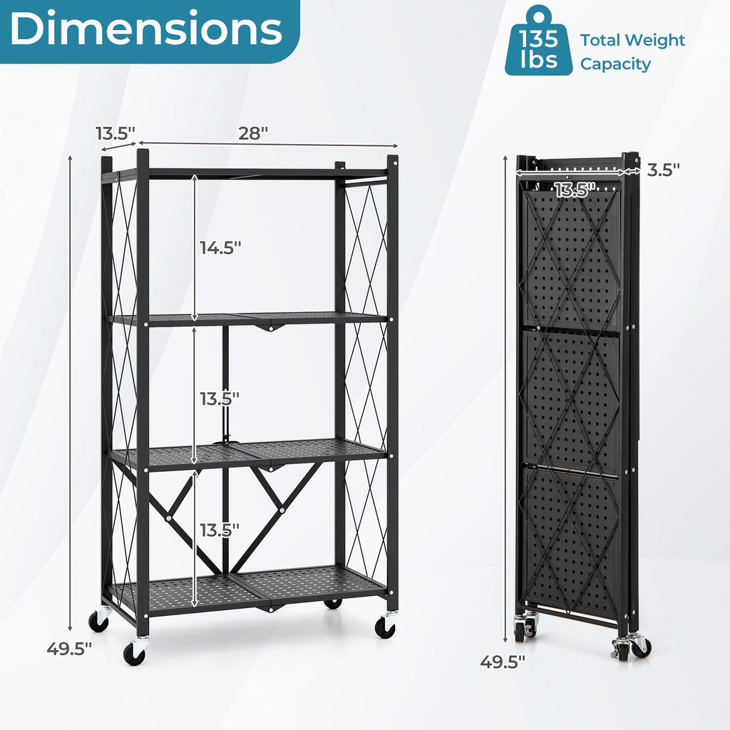 4-Tier Foldable Storage Shelf Collapsible Storage Rack with Lockable Wheels-Black