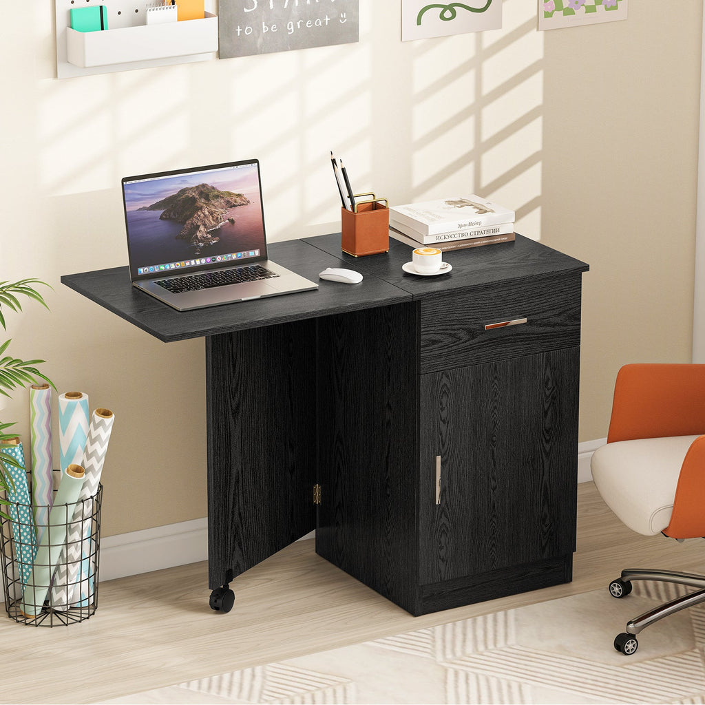 Folding Computer Desk with Drawer Mobile Home Office Desk with Cabinet-Black