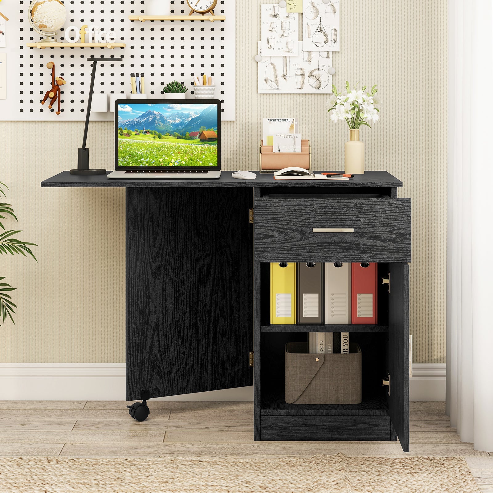 Folding Computer Desk with Drawer Mobile Home Office Desk with Cabinet-Black