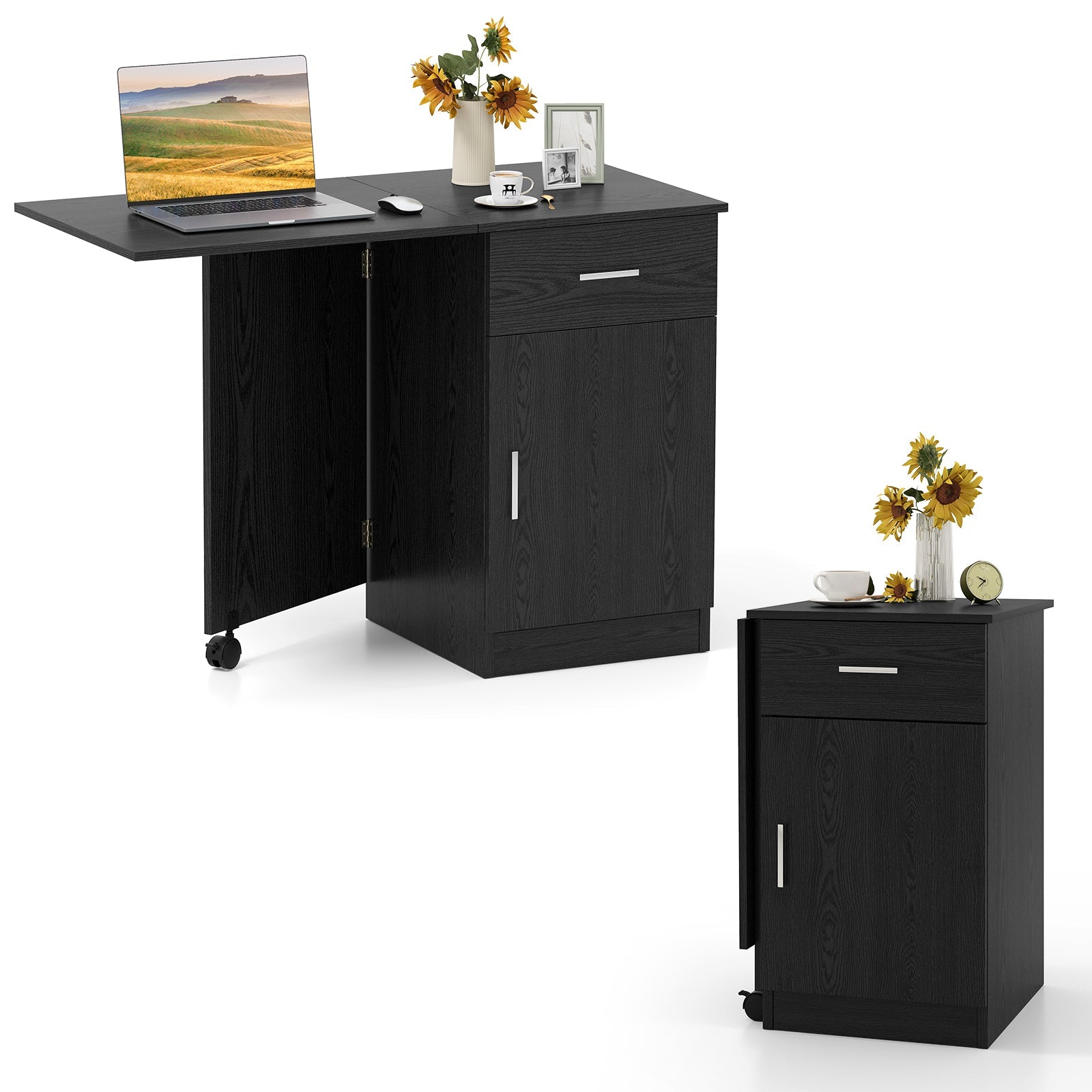 Folding Computer Desk with Drawer Mobile Home Office Desk with Cabinet-Black