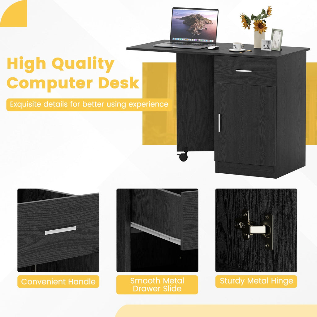 Folding Computer Desk with Drawer Mobile Home Office Desk with Cabinet-Black