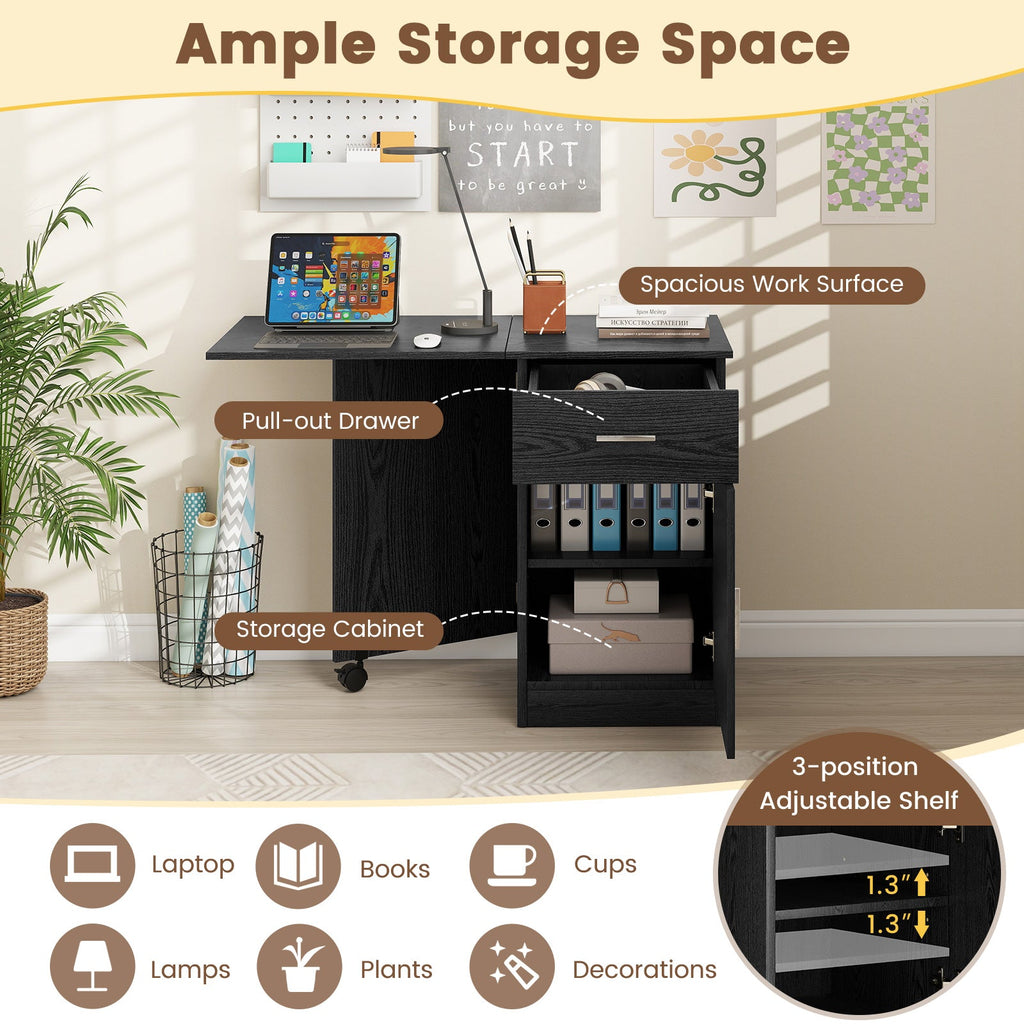 Folding Computer Desk with Drawer Mobile Home Office Desk with Cabinet-Black
