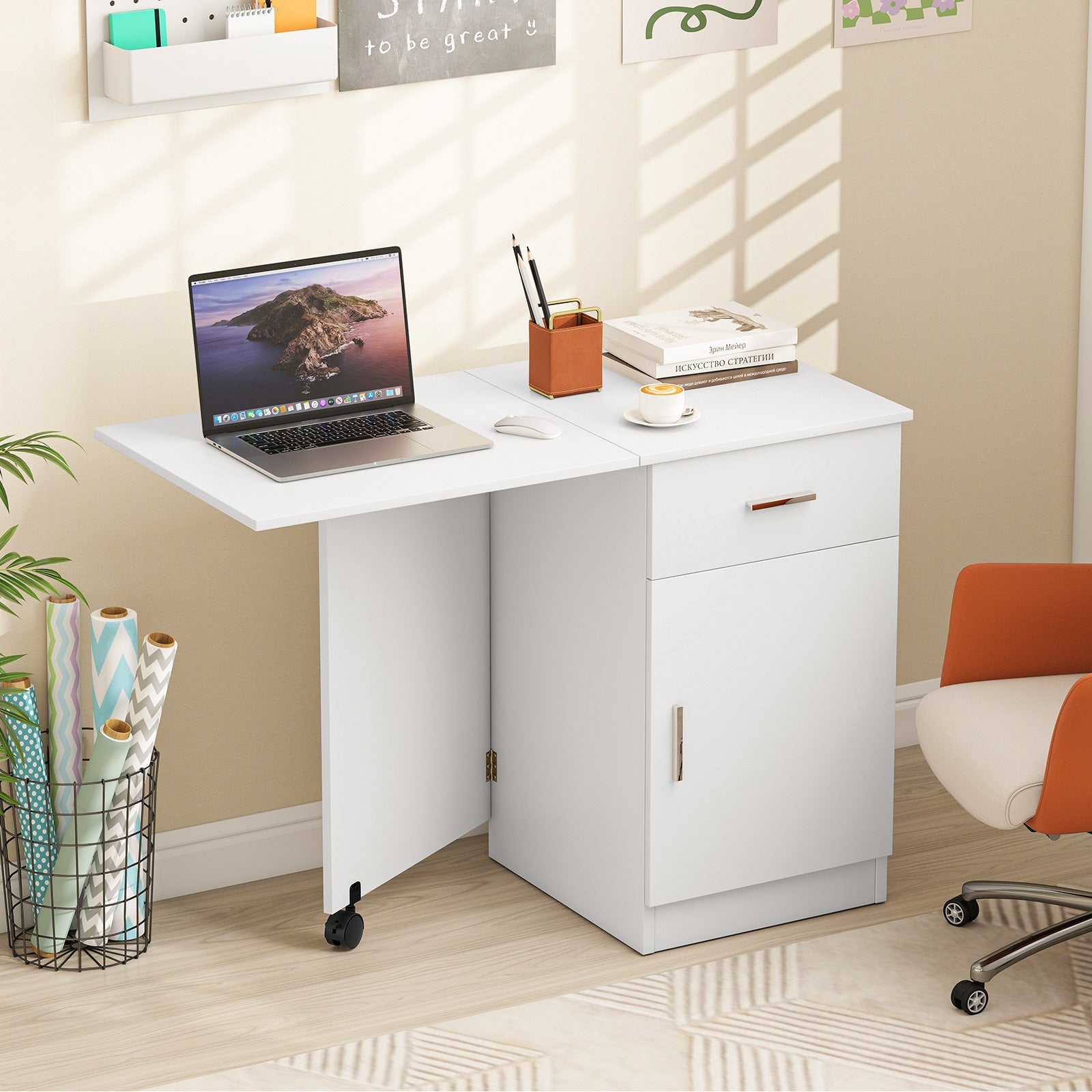 Folding Computer Desk with Drawer Mobile Home Office Desk with Cabinet-White