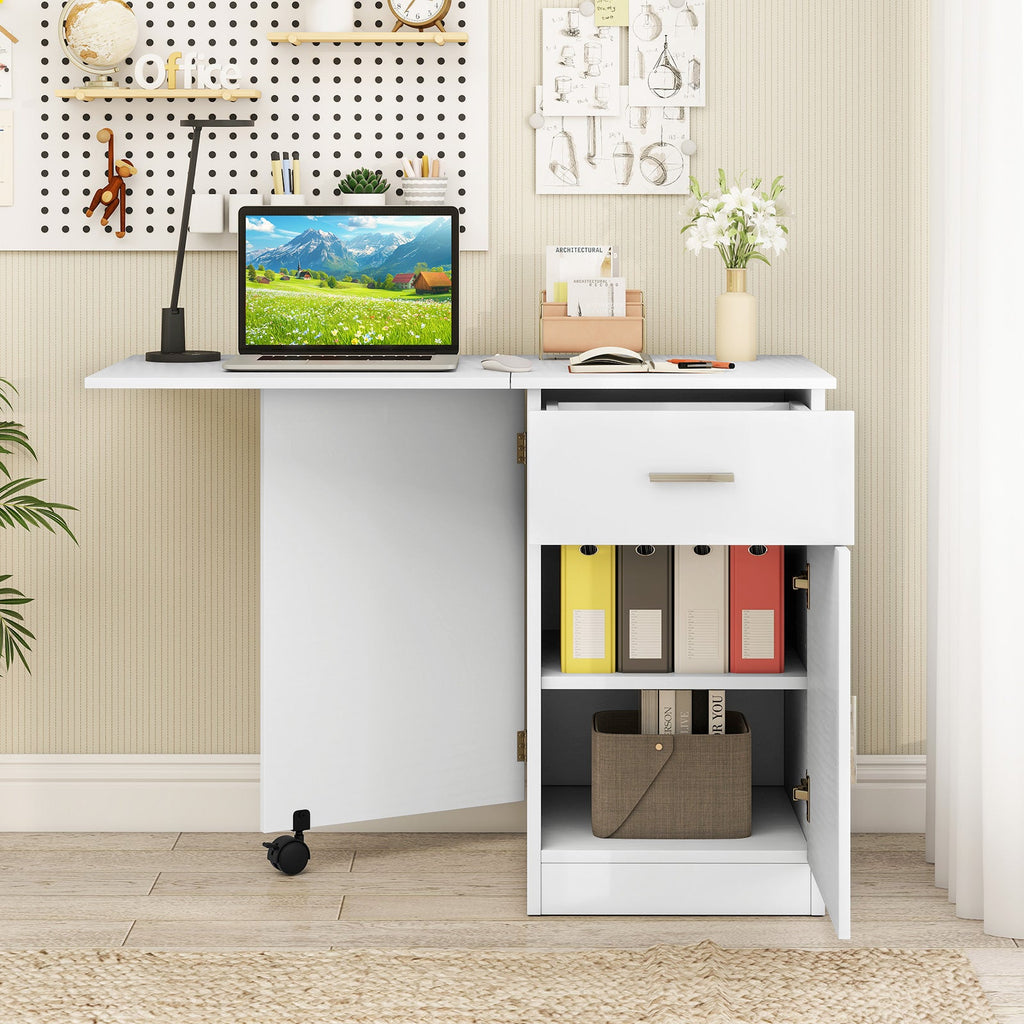 Folding Computer Desk with Drawer Mobile Home Office Desk with Cabinet-White