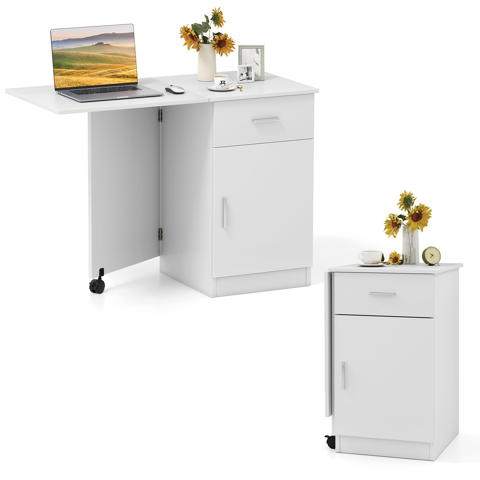 Folding Computer Desk with Drawer Mobile Home Office Desk with Cabinet-White