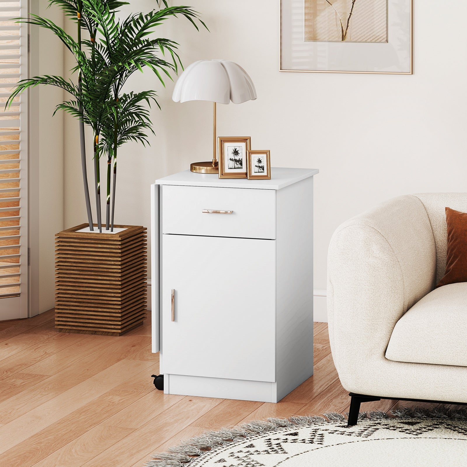 Folding Computer Desk with Drawer Mobile Home Office Desk with Cabinet-White