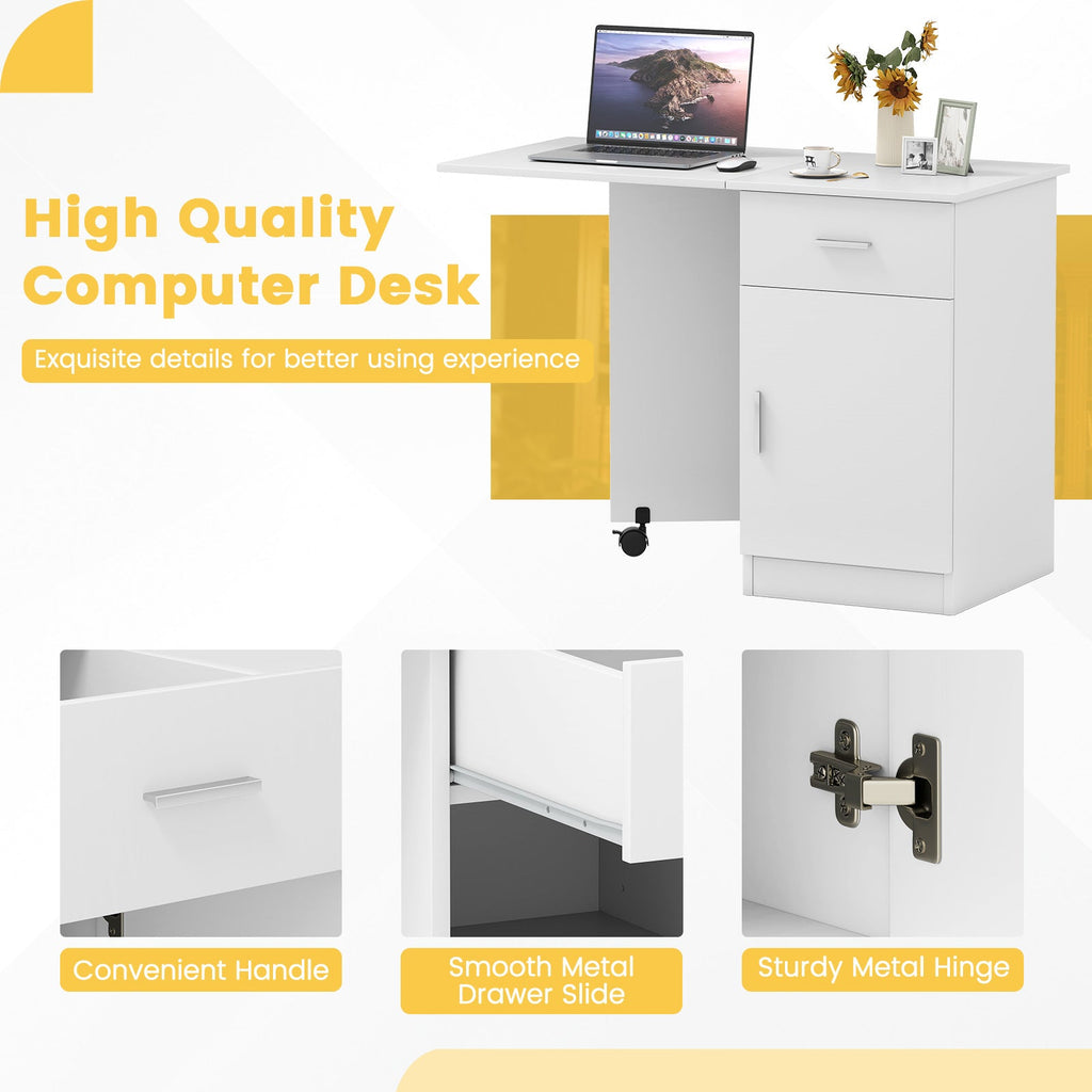 Folding Computer Desk with Drawer Mobile Home Office Desk with Cabinet-White