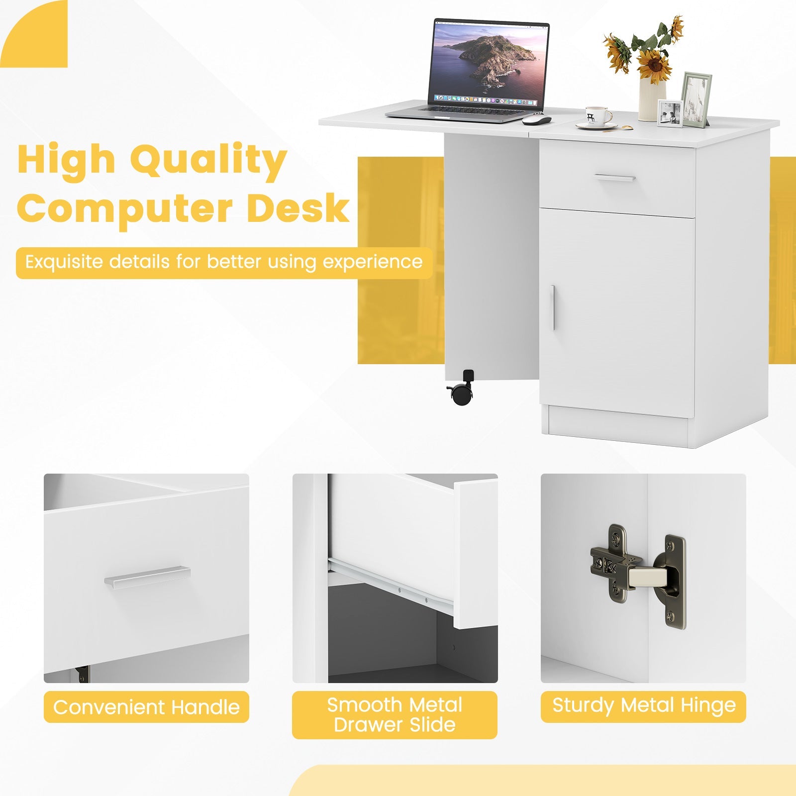 Folding Computer Desk with Drawer Mobile Home Office Desk with Cabinet-White