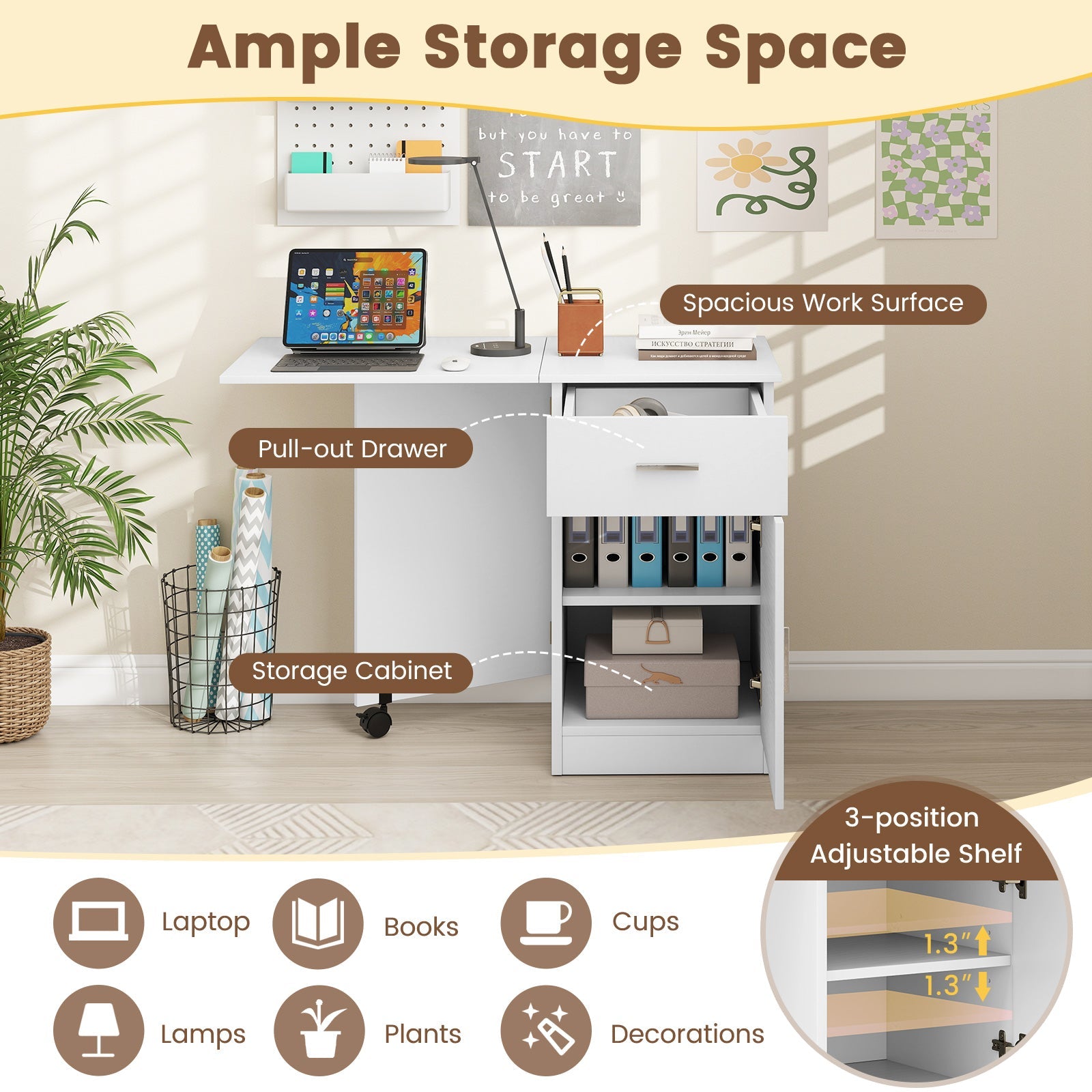 Folding Computer Desk with Drawer Mobile Home Office Desk with Cabinet-White