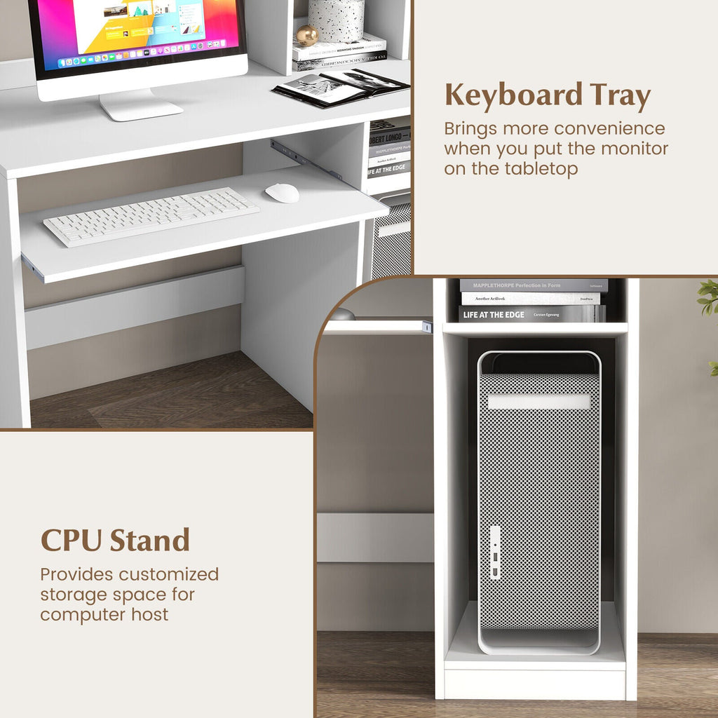 Home Office Computer Desk with Bookcase Keyboard Tray and CPU Stand-White