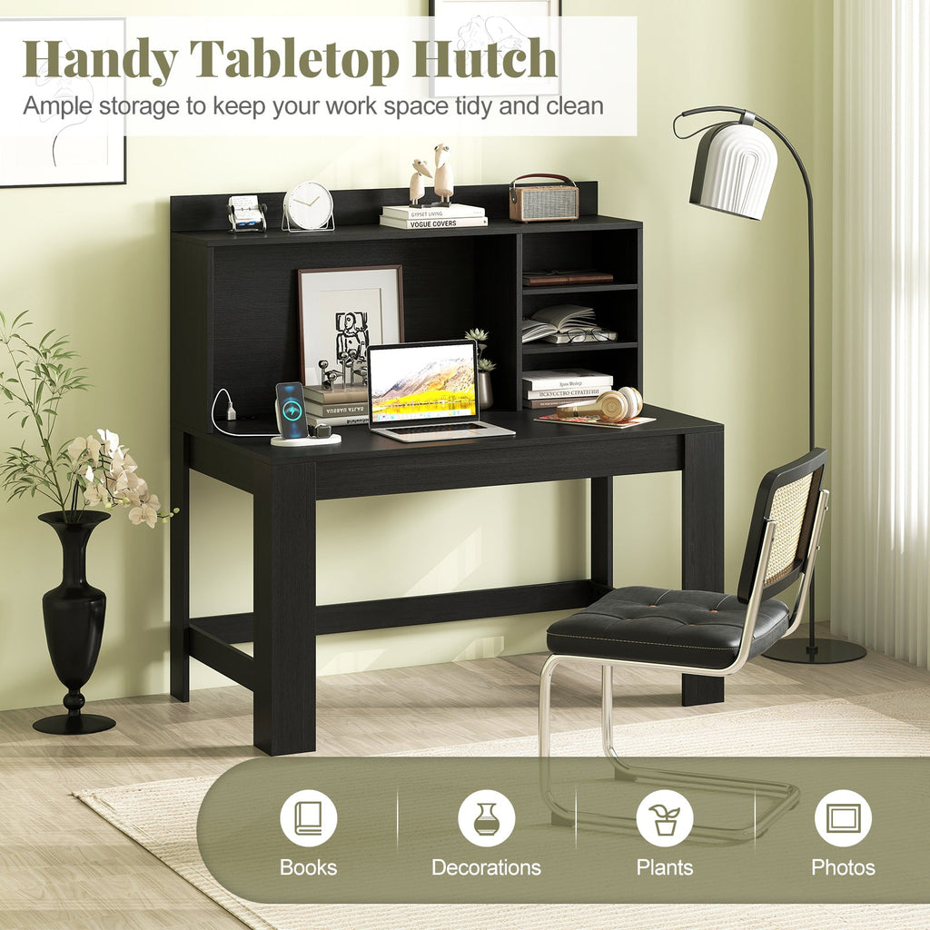 Modern Computer Desk with Hutch and Storage Shelves-Black