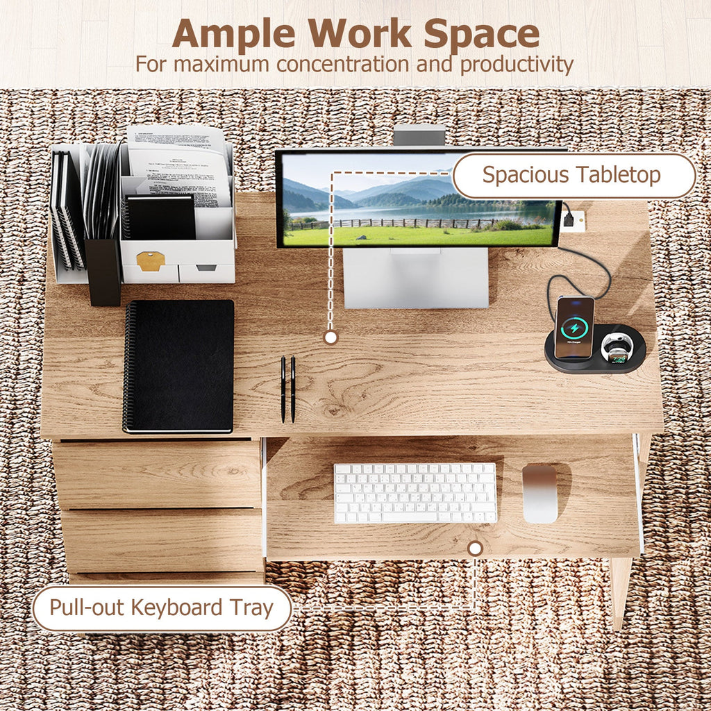 Computer Desk with Power Outlet Keyboard Tray and 3 Large Drawers-Natural