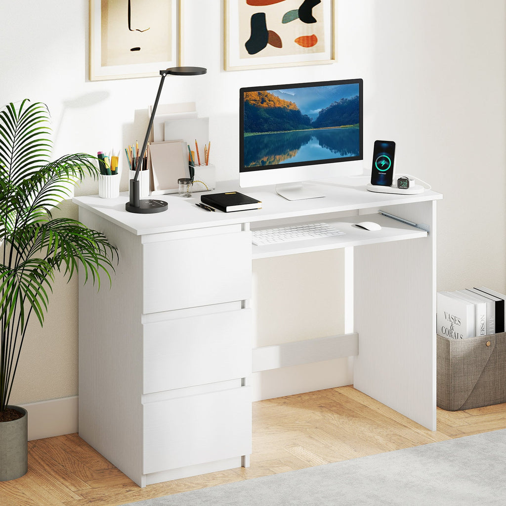 Computer Desk with Power Outlet Keyboard Tray and 3 Large Drawers-White