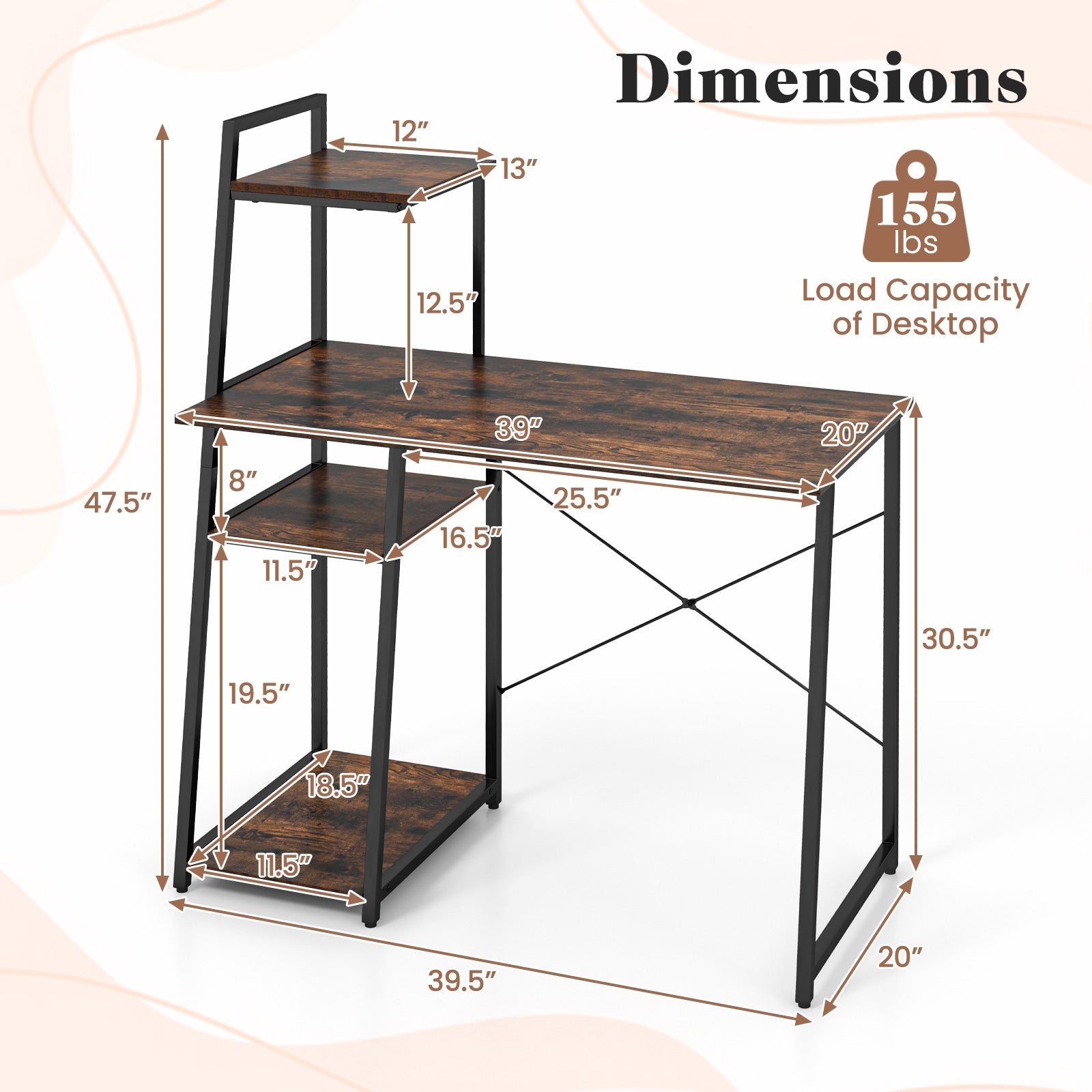Computer Desk with Shelves and 3-Tier Storage Bookshelf-Brown