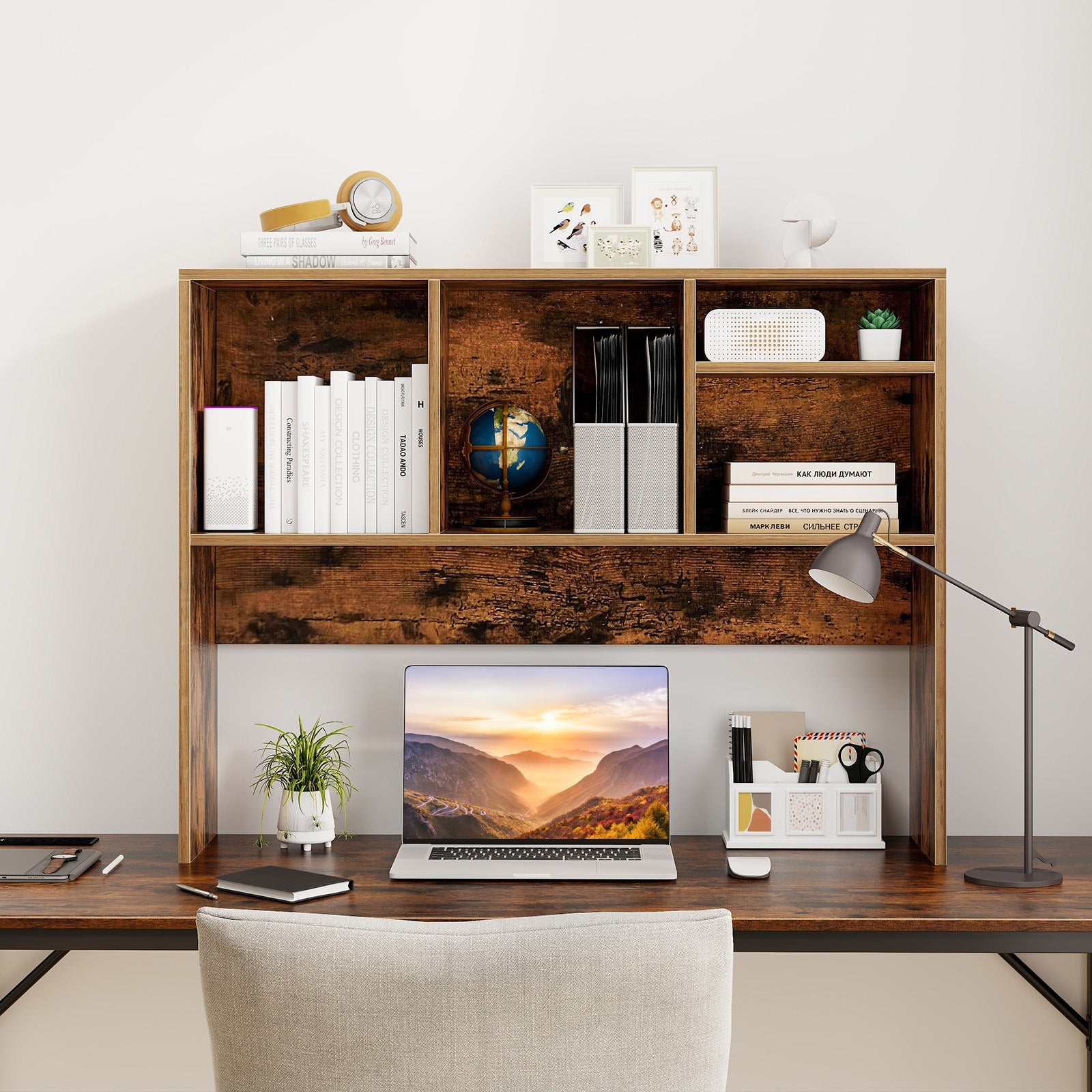 Computer Desktop Bookcase with 4 Cubbies and Open Back Compartment-Coffee