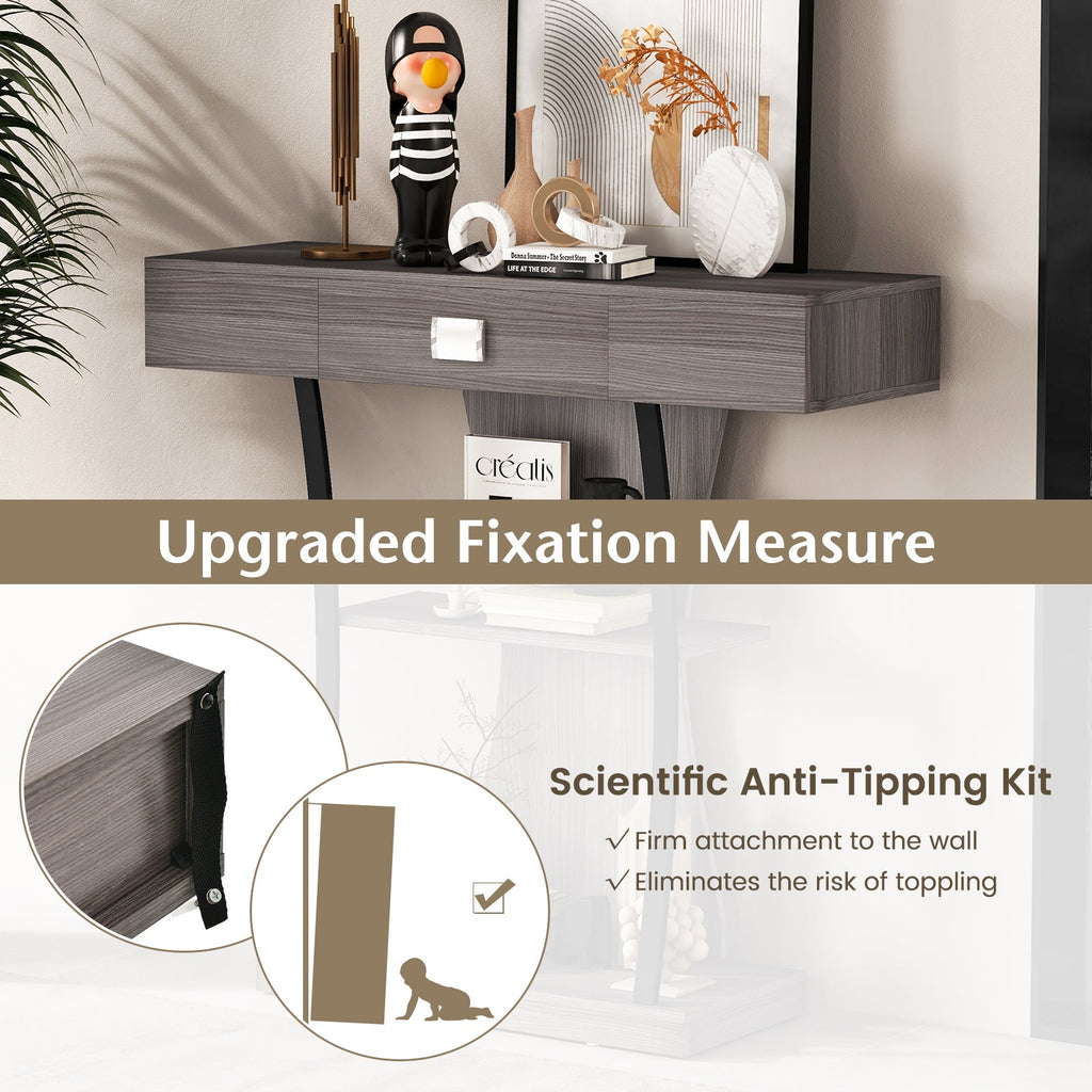 Console Table with Drawer and 2-Tier Shelves for Entryway Living Room-Gray