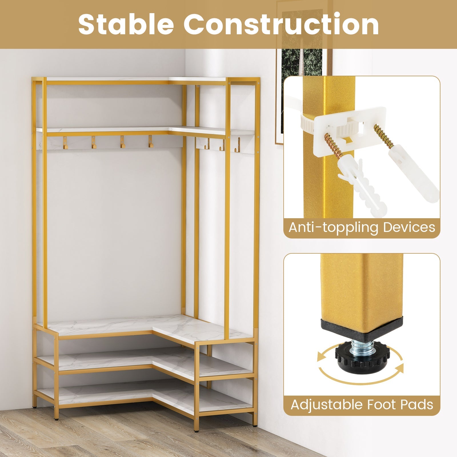 Corner Garment Rack with Open Shelves and 7 Hooks Shoe Bench-White