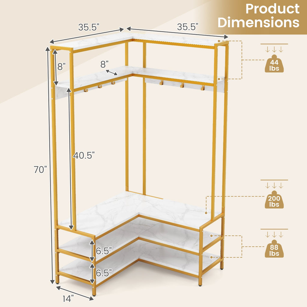 Corner Garment Rack with Open Shelves and 7 Hooks Shoe Bench-White