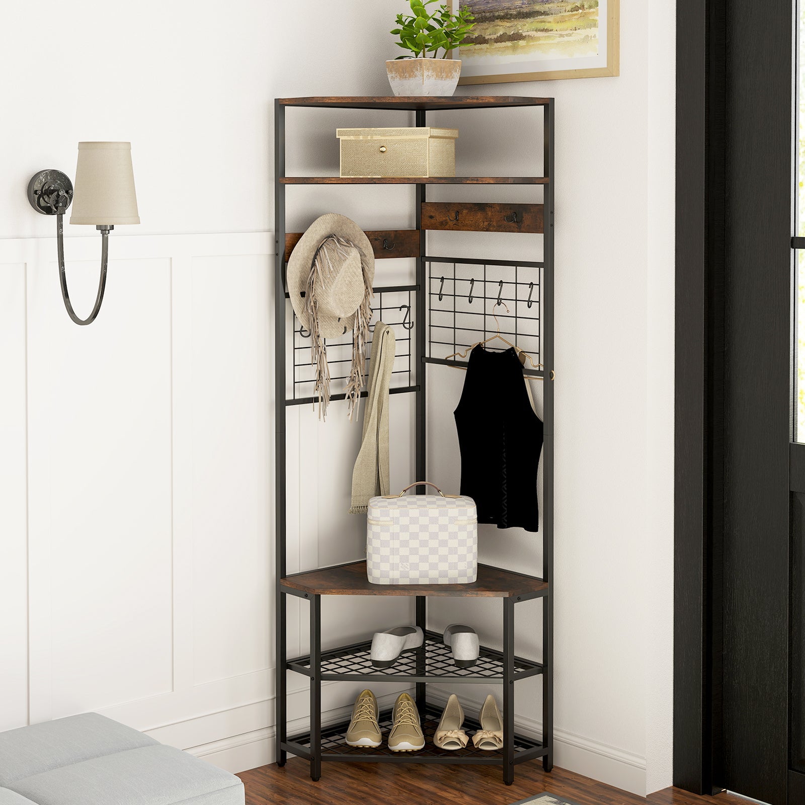 5-Tier Corner Hall Tree with Shoe Storage Bench-Rustic Brown