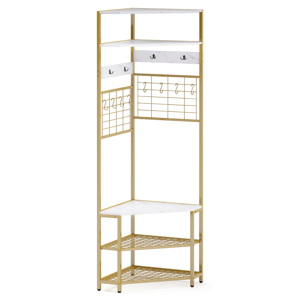 5-Tier Corner Hall Tree with Shoe Storage Bench-White