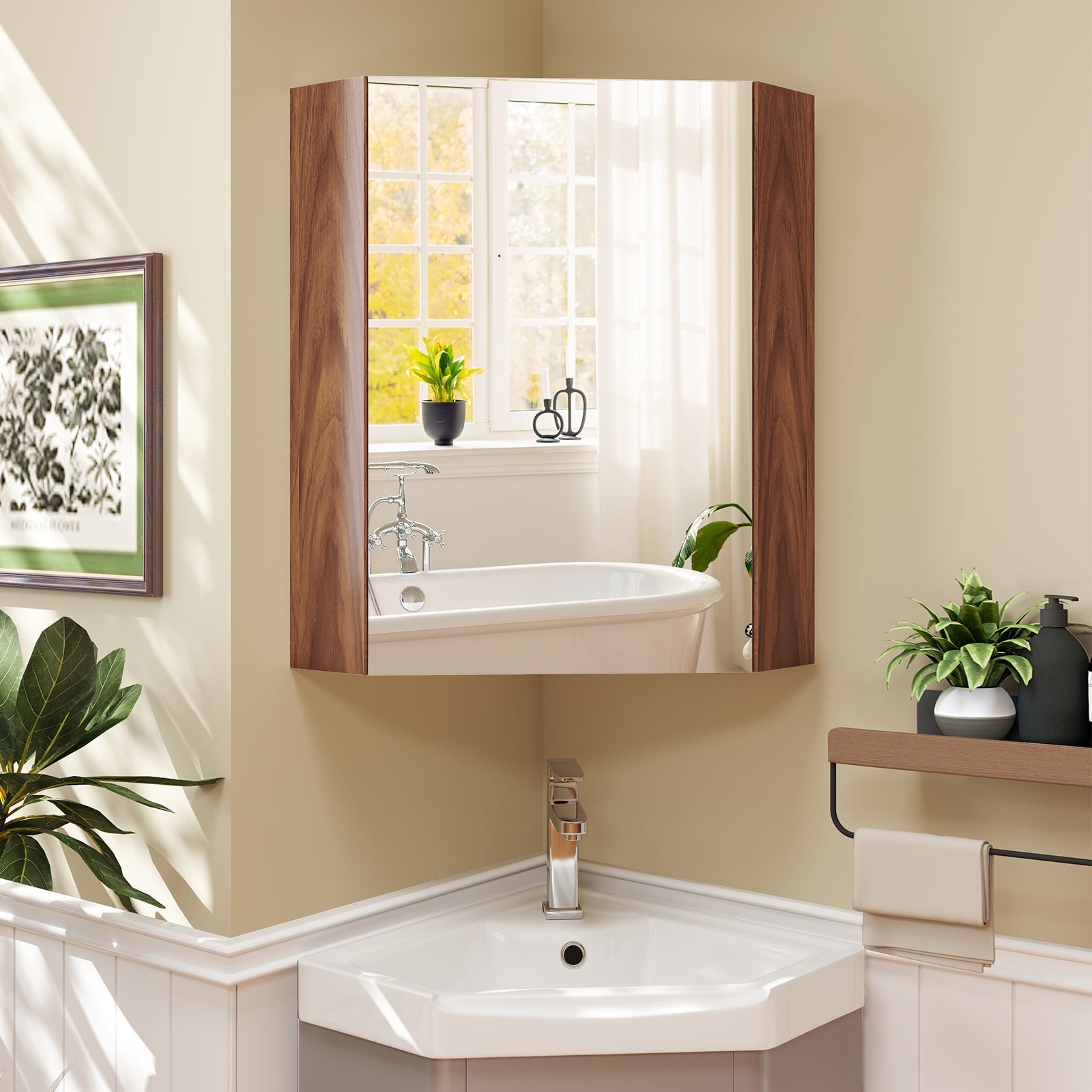 Corner Medicine Cabinet with Mirror with Open Mirror Door and Adjustable Shelf-Brown