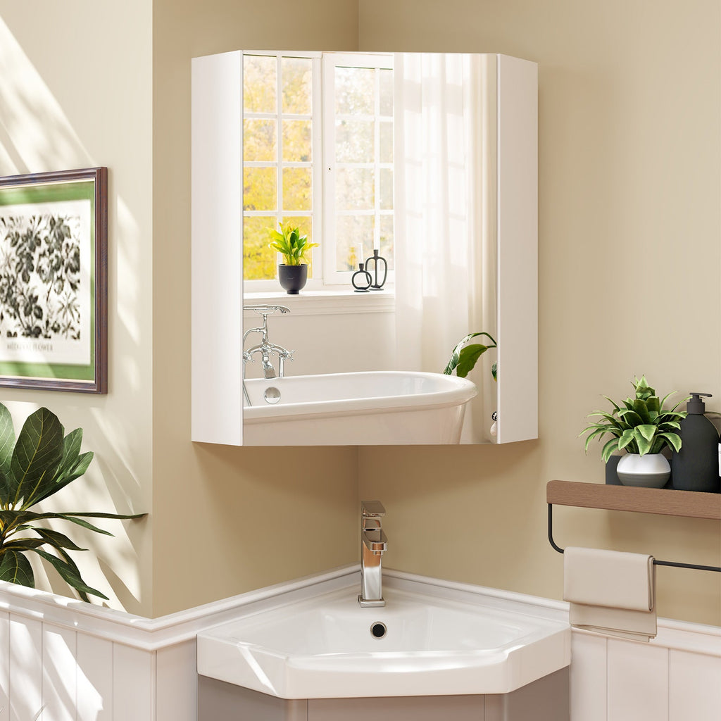 Corner Medicine Cabinet with Mirror with Open Mirror Door and Adjustable Shelf-White