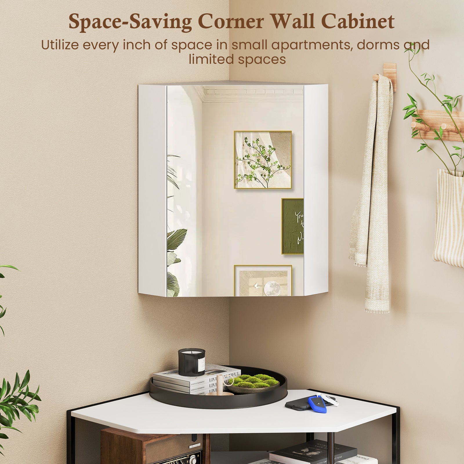 Corner Medicine Cabinet with Mirror with Open Mirror Door and Adjustable Shelf-White