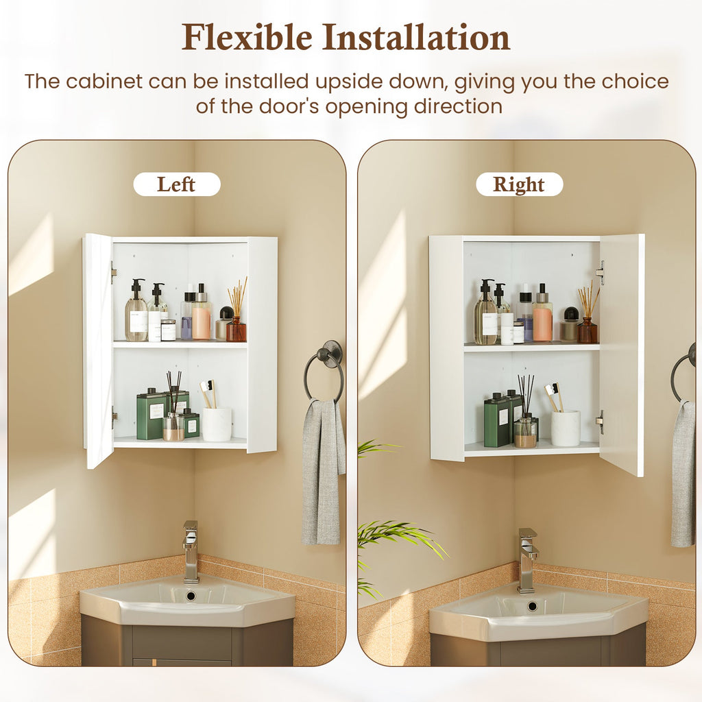 Corner Medicine Cabinet with Mirror with Open Mirror Door and Adjustable Shelf-White