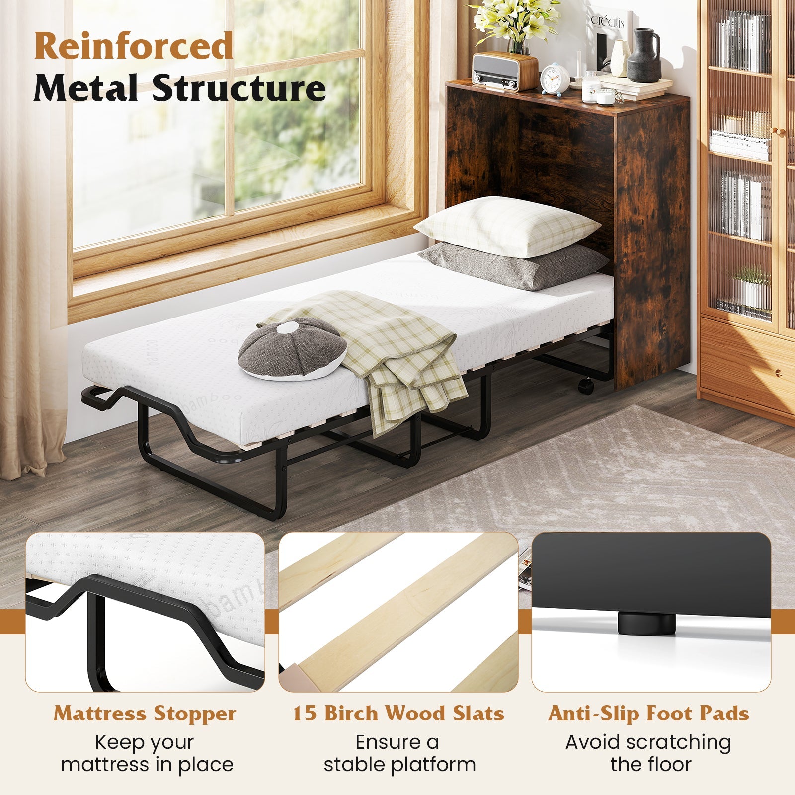 Cot Size Murphy Bed with Foldable Bed and Lockable Wheels-Rustic Brown