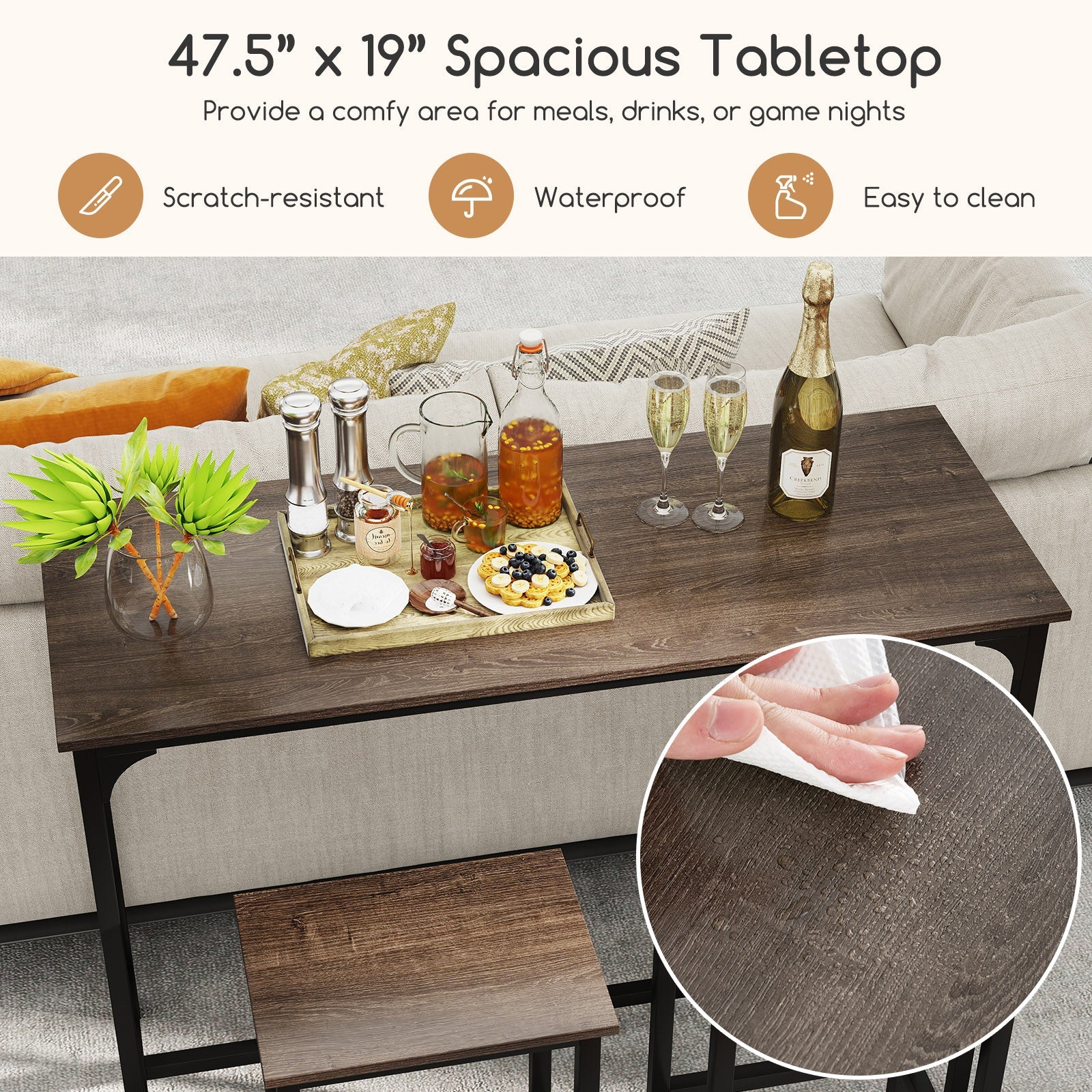 Industrial 3-Piece 47.5" Counter-Height Dining Table and 2 Bar Stools-Gray