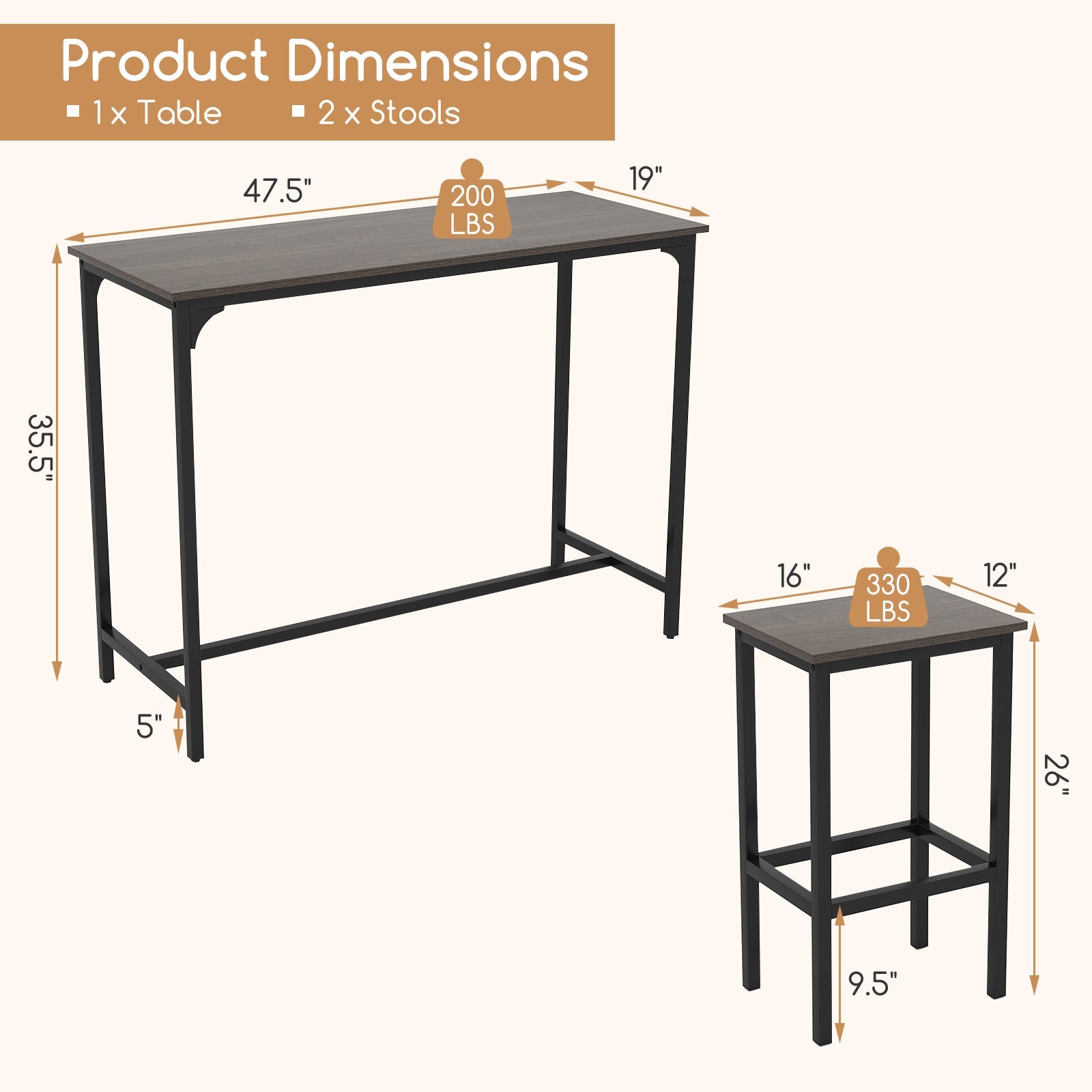 Industrial 3-Piece 47.5" Counter-Height Dining Table and 2 Bar Stools-Gray