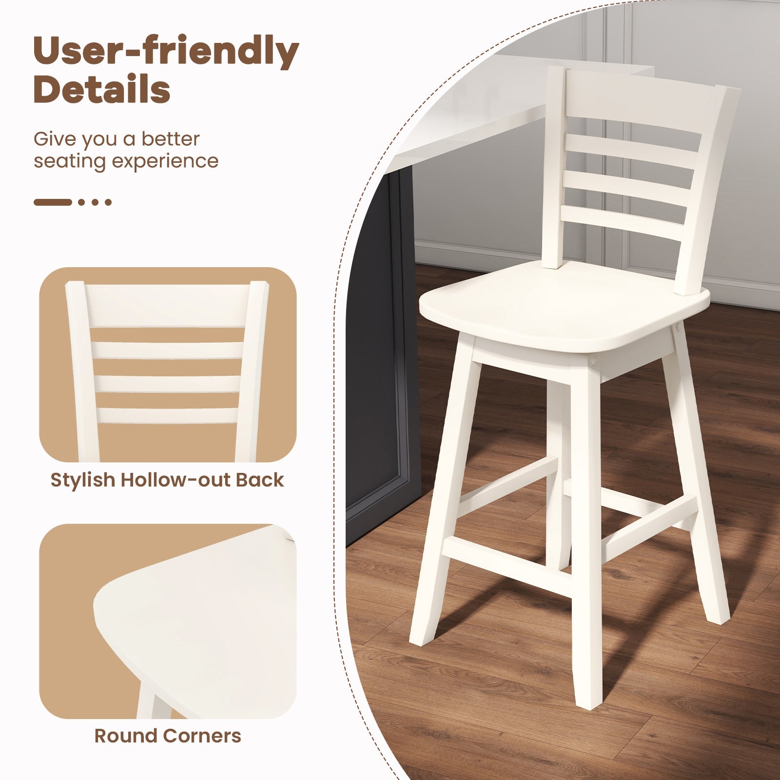 Counter Height Barstools Set of 2 with Footrest for Kitchen Island Bar-Cream White
