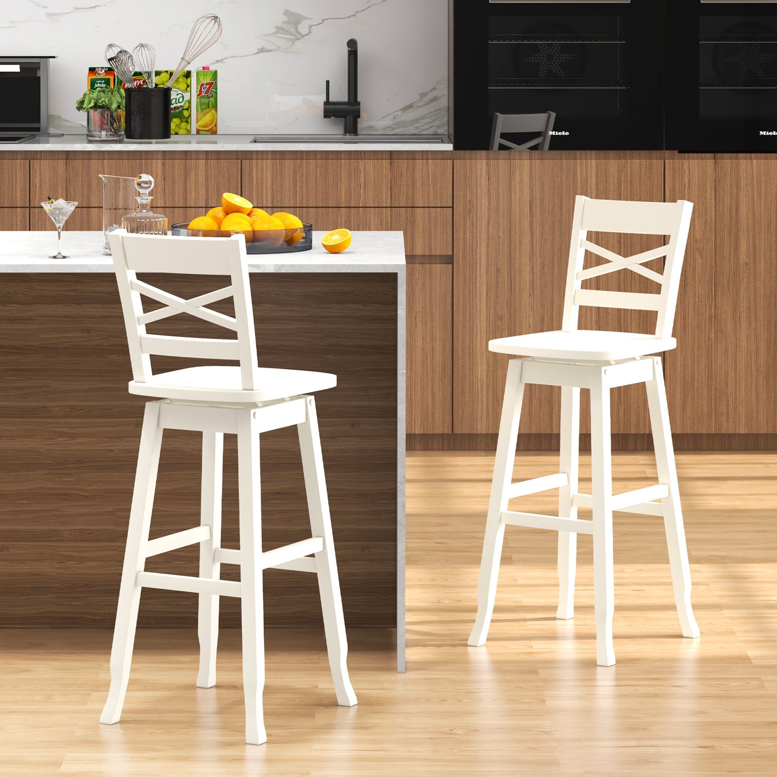 Swivel 30-Inch Bar Height Stool Set of 2 with Footrest-Cream White
