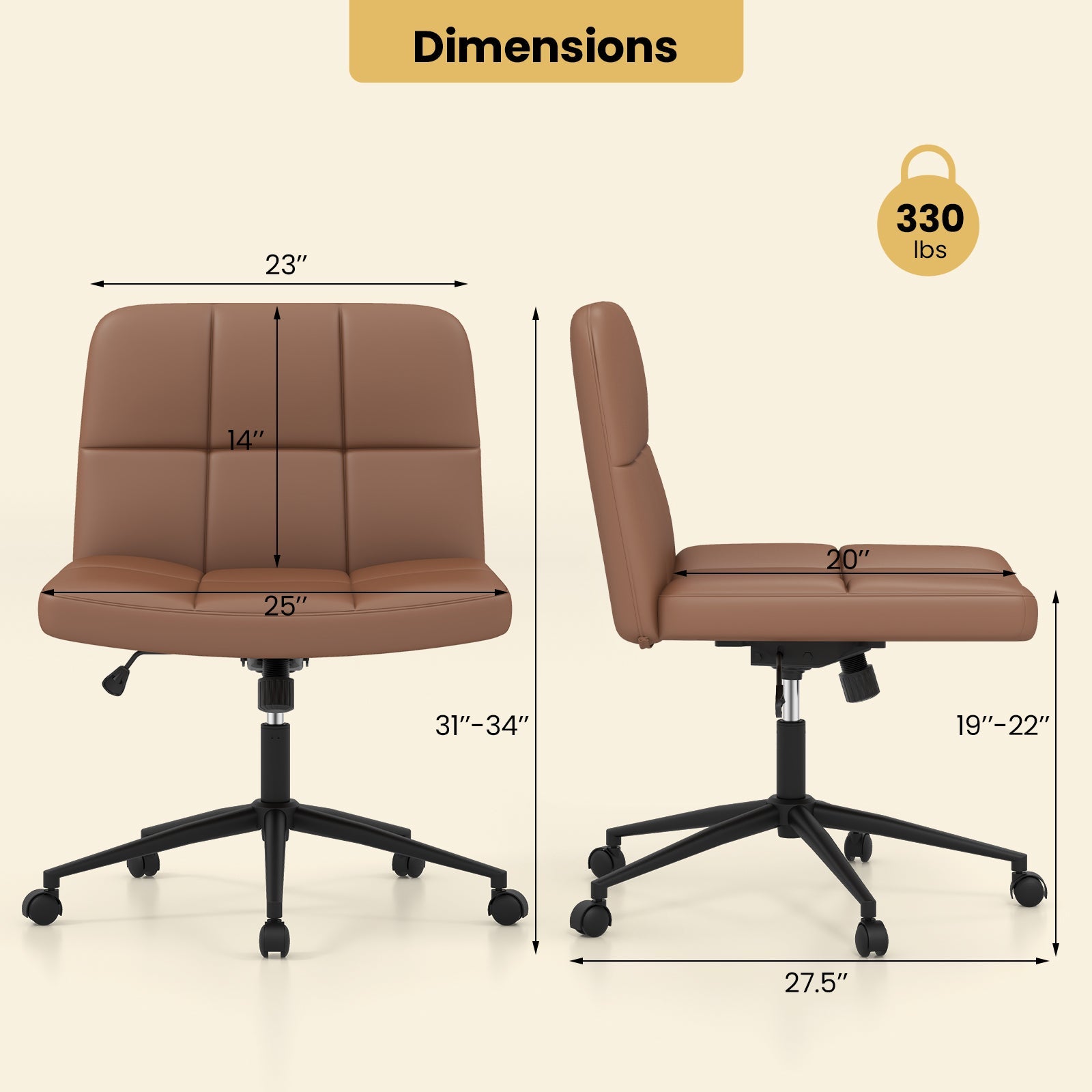 Height-adjustable Armless Desk Chair with Wheels for Home Office Make Up-Brown