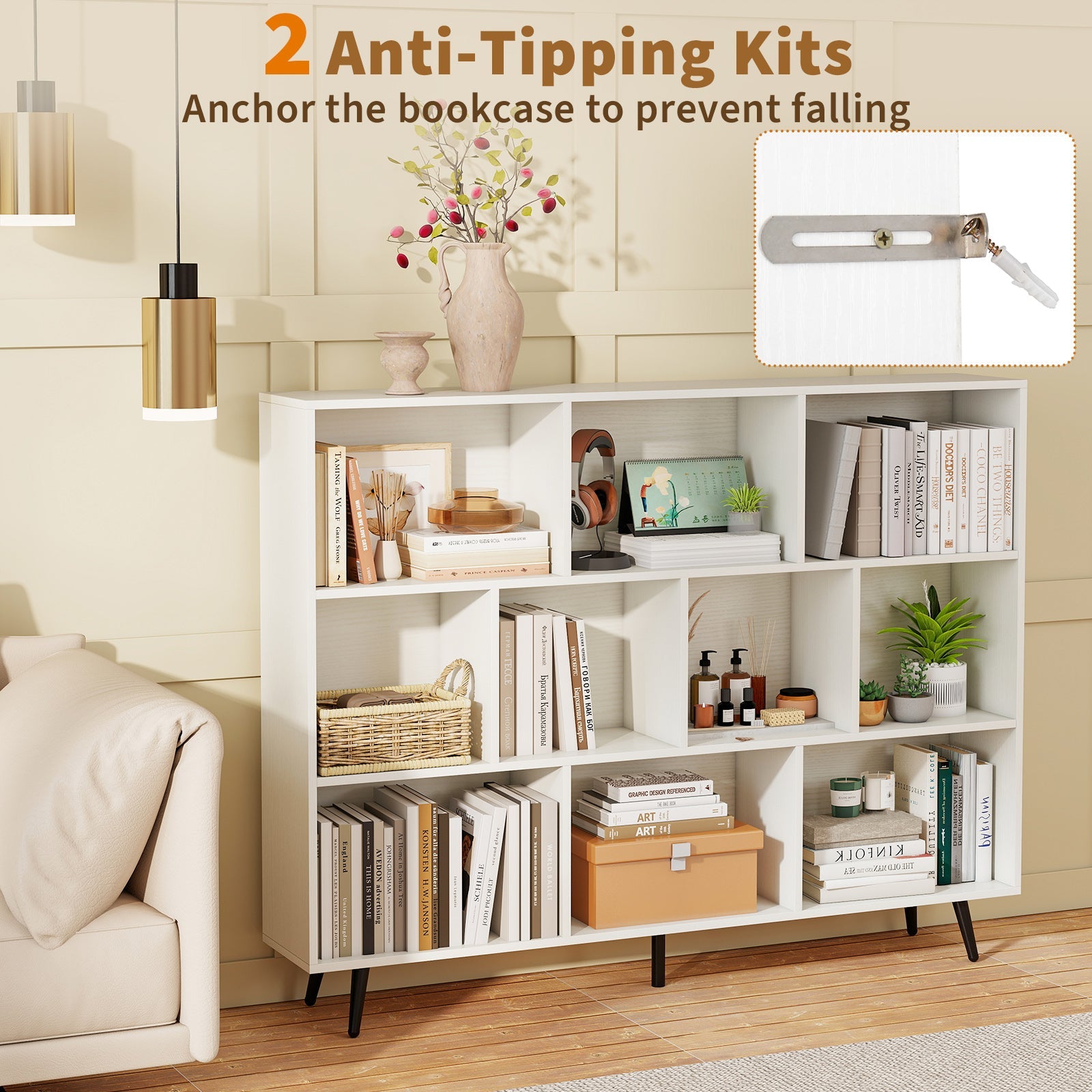 8/10-Cube Bookcase with 5 Tapered Metal Legs-Off White