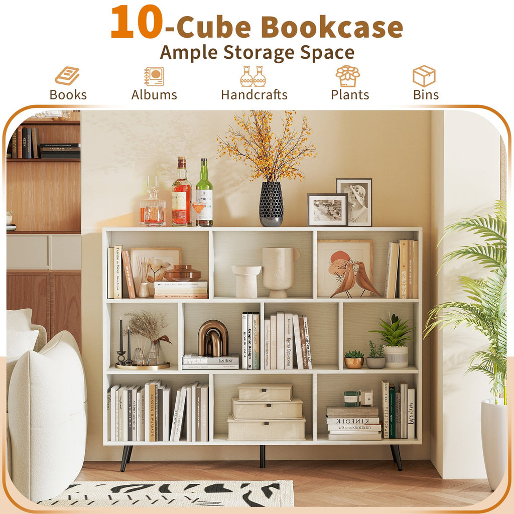 8/10-Cube Bookcase with 5 Tapered Metal Legs-Off White