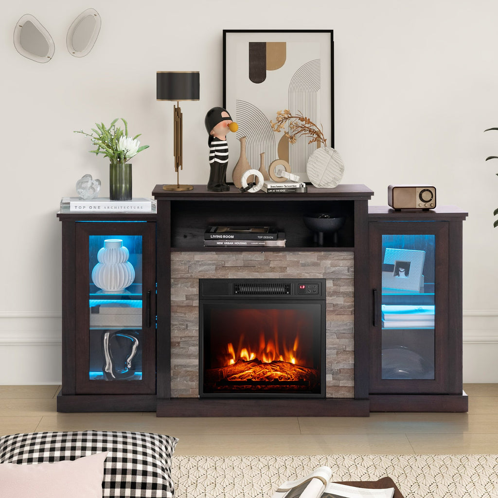Fireplace TV Stand with 16-Color Led Lights for TVs up to 65 Inch-Dark Brown