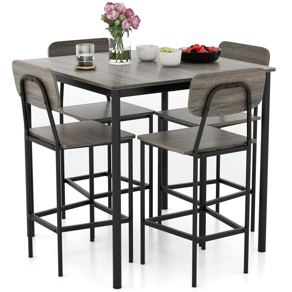 5-Piece Counter-Height Dining Bar Table Set with 4 Bar Chairs-Gray